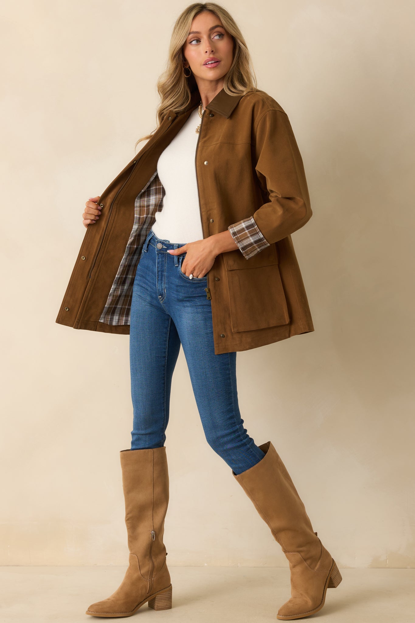 Camel Brown Faux Suede Barn Jacket - All Outerwear