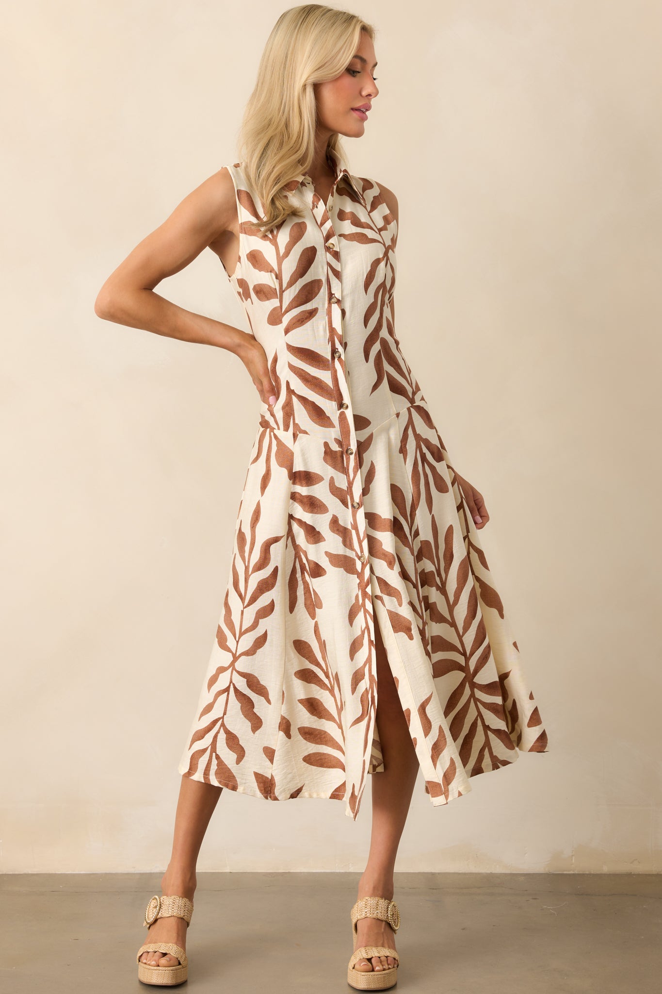 Full body front view showcasing the soft drape of the fabric and the detailed botanical print.
