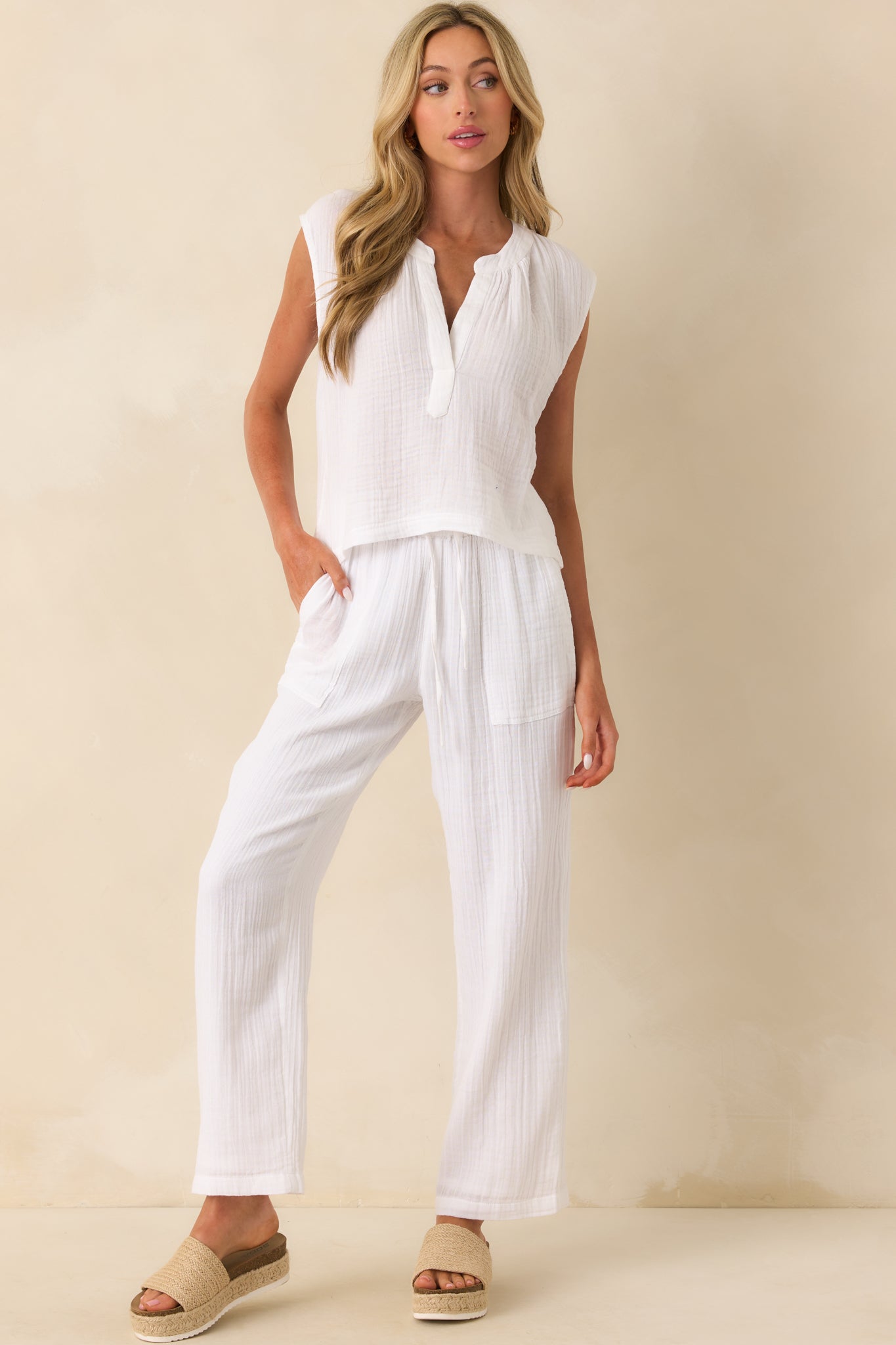 Full body photo emphasizing the lightweight cotton gauze fabric and flowy silhouette.