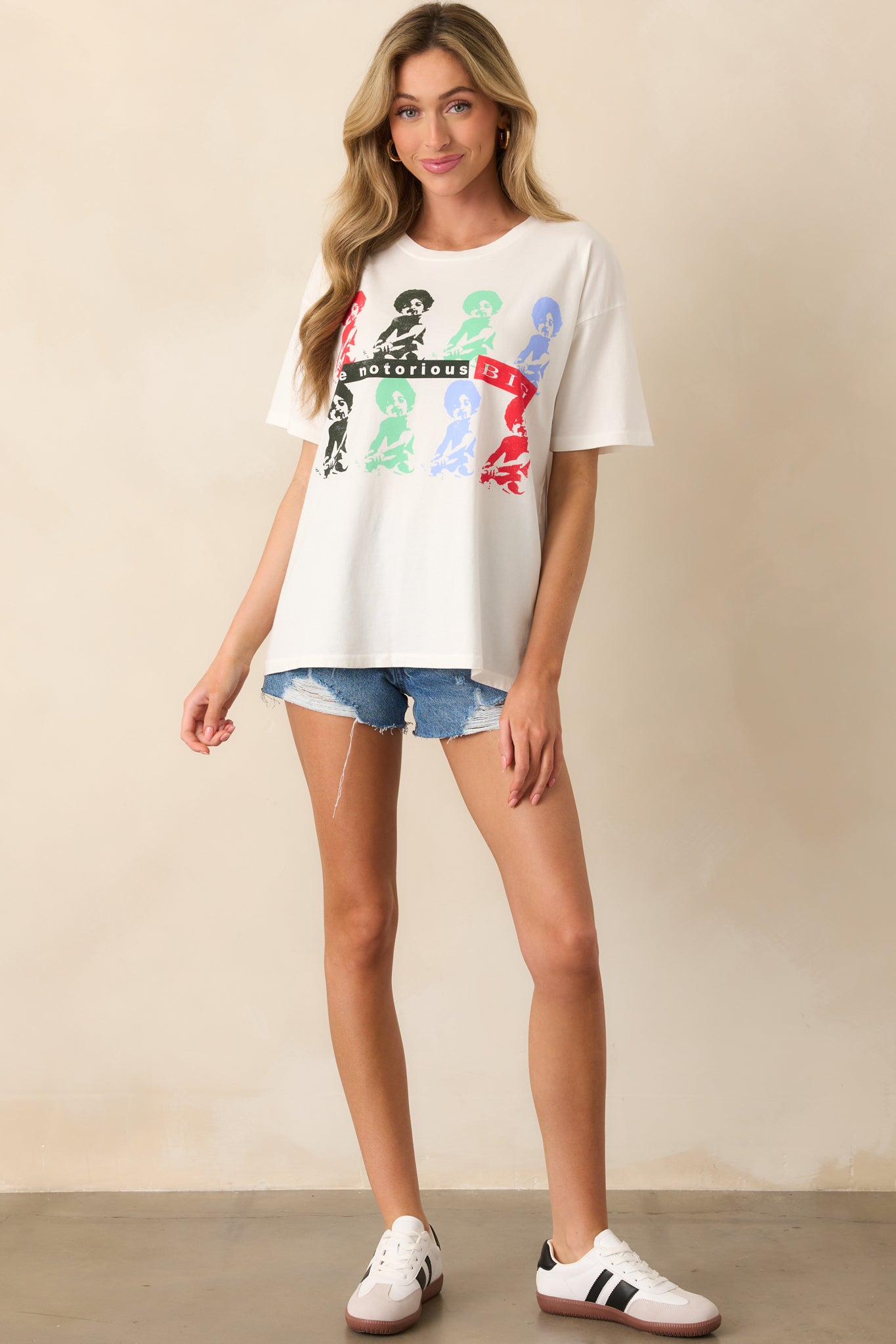 Front-facing full body shot of the vintage white tee, highlighting the graphic design and casual, relaxed silhouette.