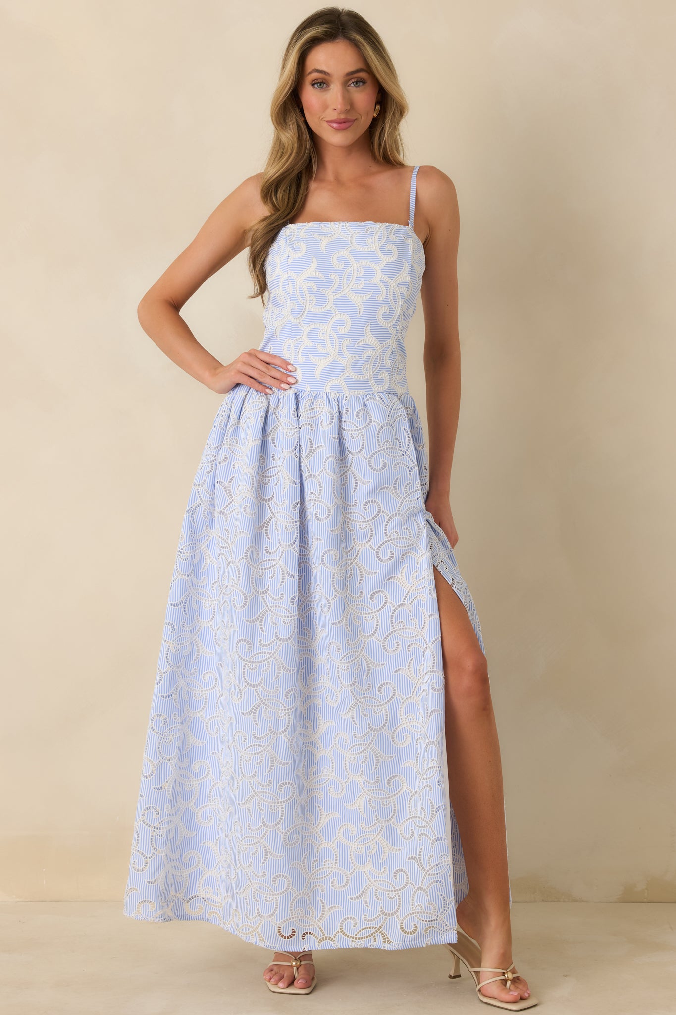Women's The Space Between Blue Stripe Embroidered Eyelet Maxi Dress | Size: L | Red Dress