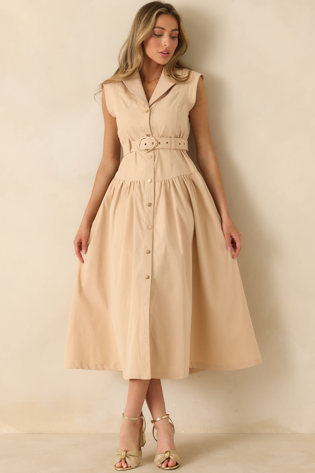 Women's Just Right Moments Beige Sleeveless Belted Maxi Shirt Dress | Size: L