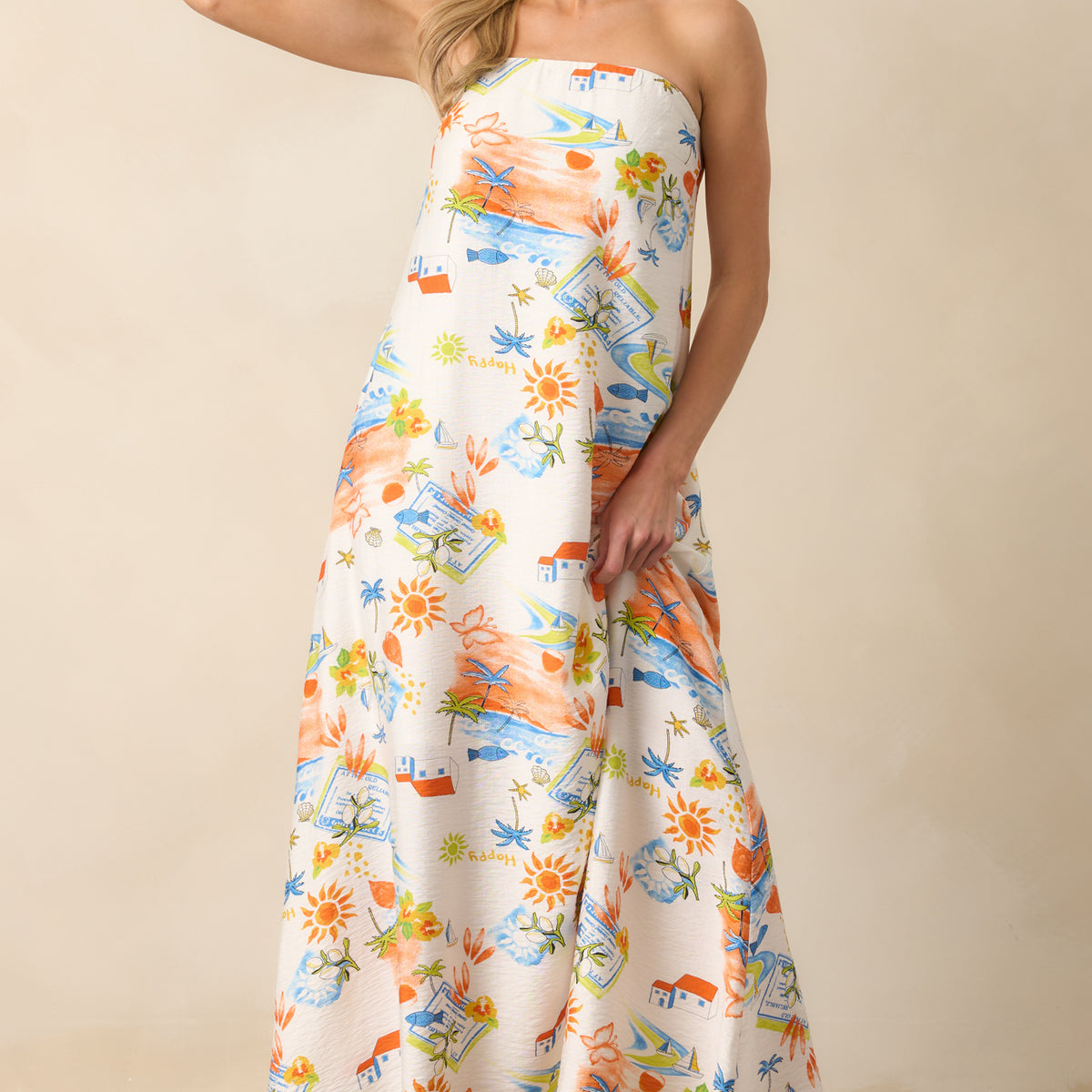 orange floral strapless dress Orange Tropical Print Strapless Babydoll Dress