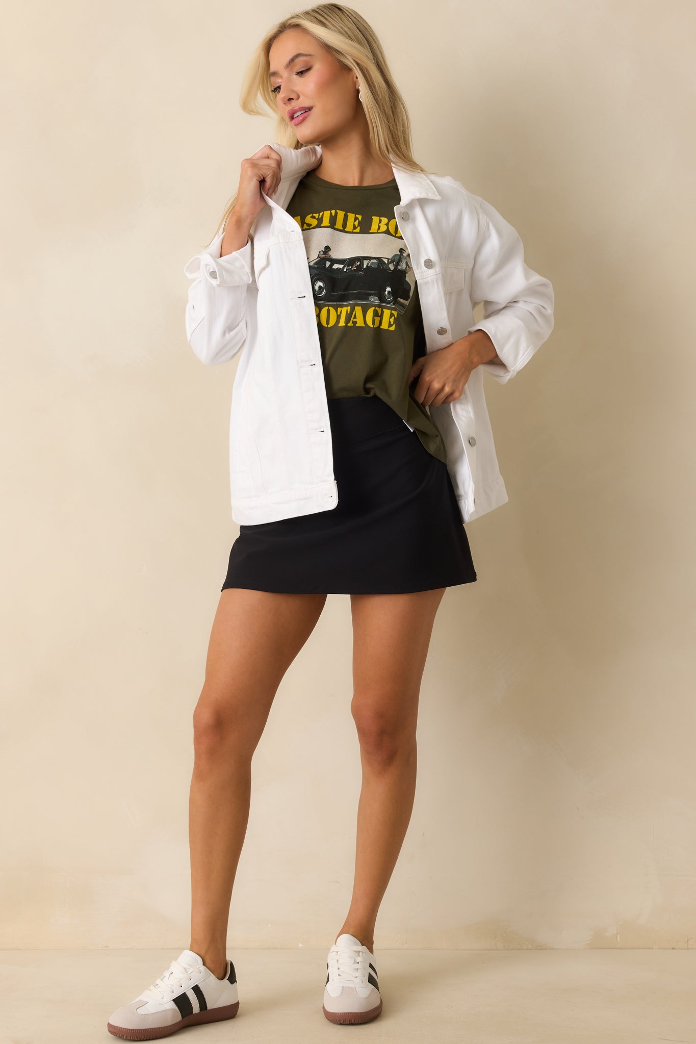 A full length image focusing on the oversized silhouette and placement of the Beastie Boys Sabotage graphic.