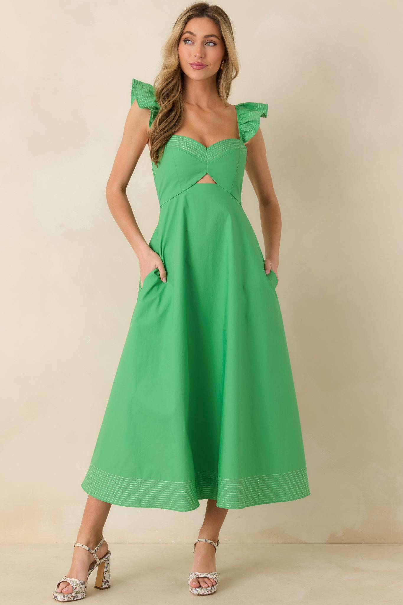 text me later midi dress green Lime Green Midi Dress - Floral Embroidered Dress - Mock Neck Midi