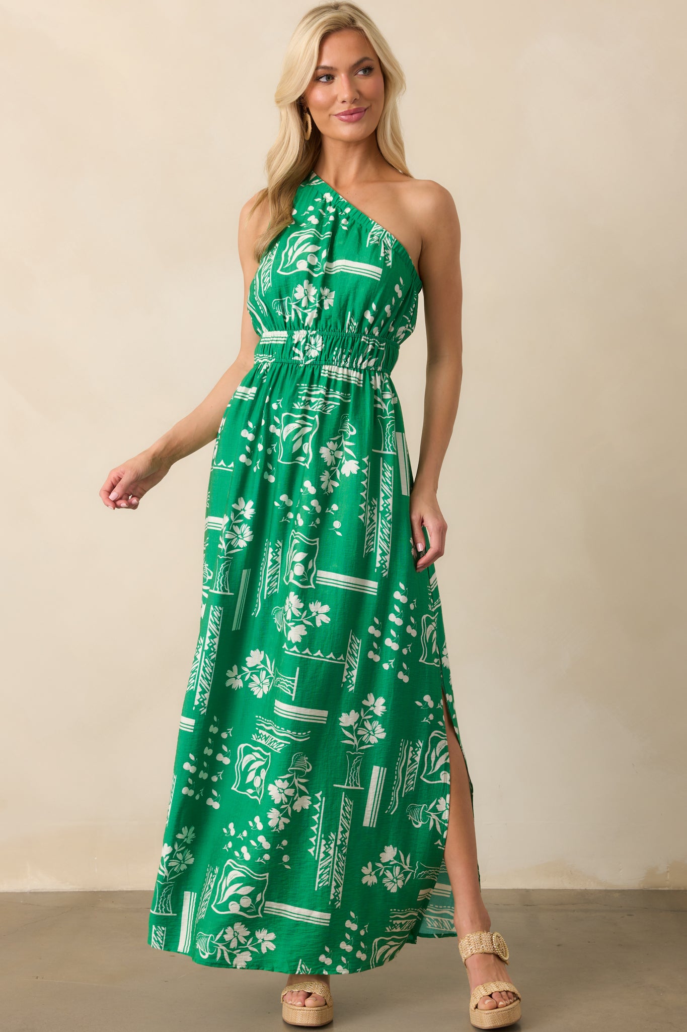 Full-length angle emphasizing the side slit and gentle drape of the fabric.