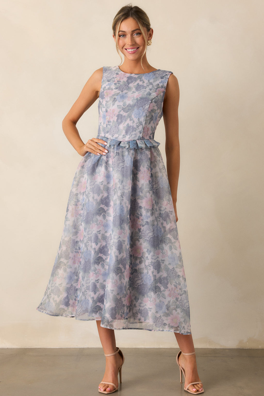 ash blue dress Floral Midi - All Dresses shoulder overlay with asymmetrical Color:Metallic Slate Blue Toperth Black Open-Back Plunge size_guide_page:clothing