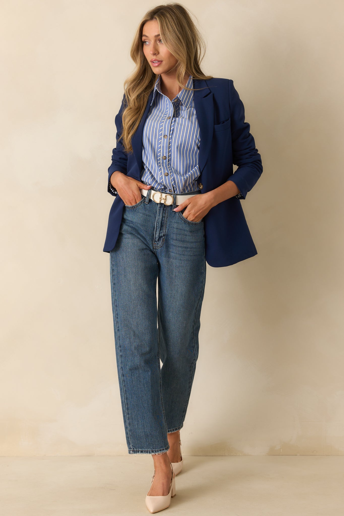 Another full-length shot highlighting the long sleeve and clean seam finish.