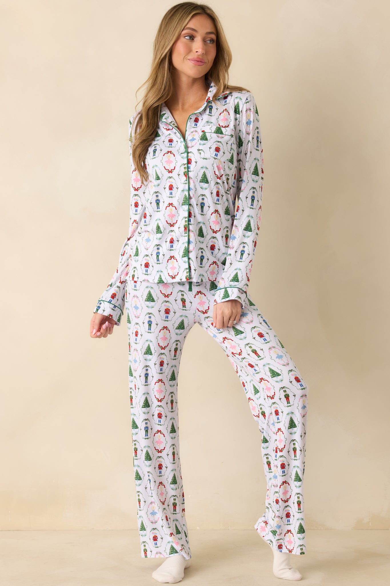 Full-length front view emphasizing the festive allover print and soft woven fabric.