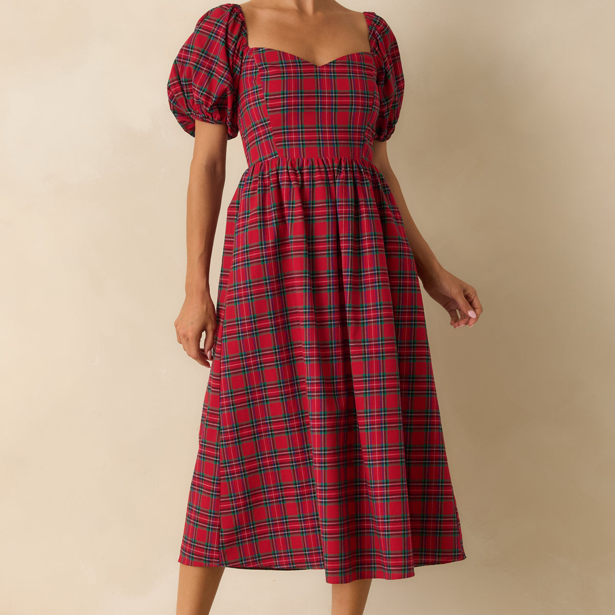 red plaid long sleeve dress 100% Cotton Puff Midi - All Dresses quarter length sleeves with Hawaiian luau dress Color:Light  cappuccino High Couture NR2260 Long