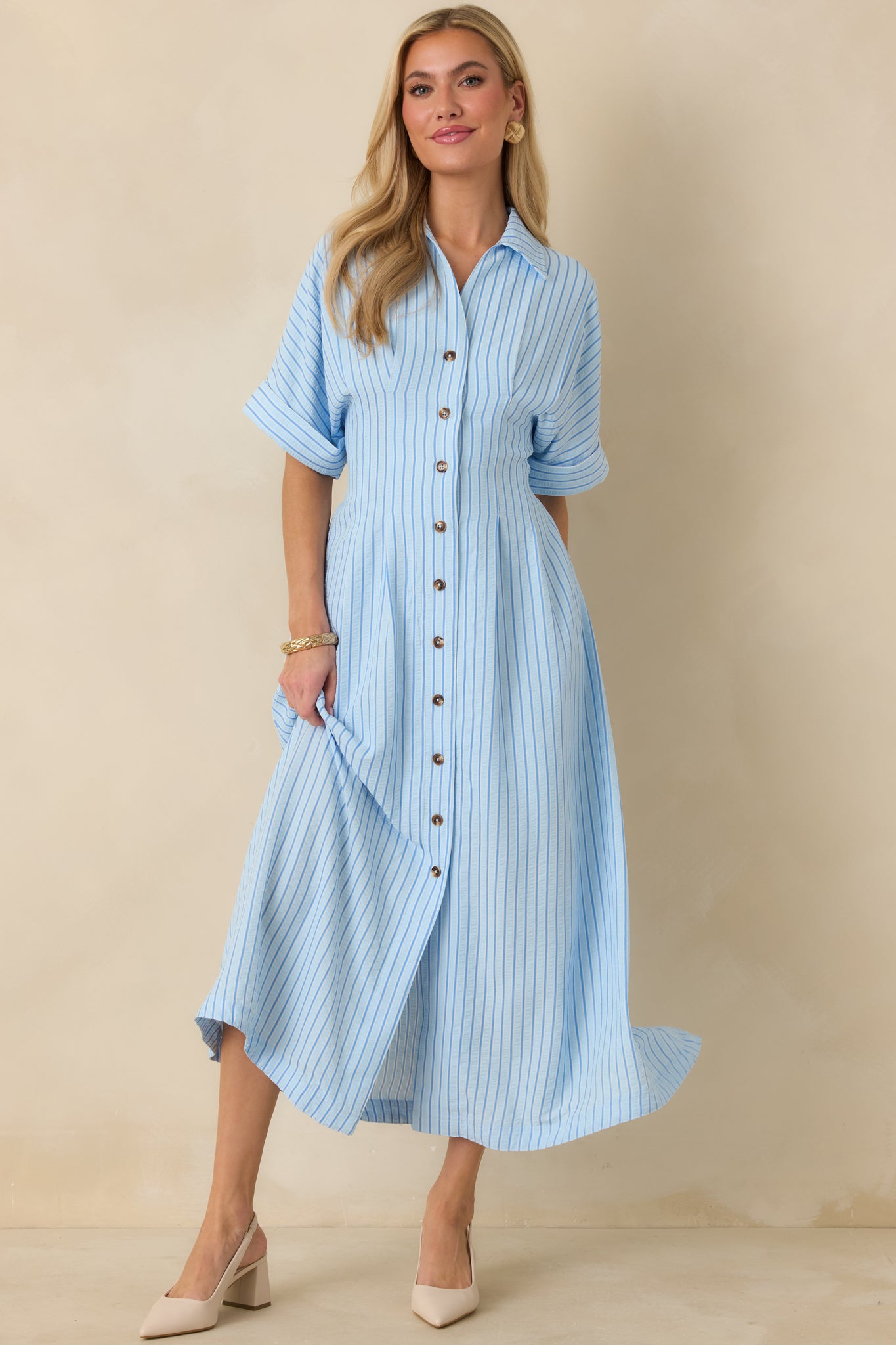 slim fit dress slacks Blue Cotton Poplin Fit and Flare Short Button-Down Shirt Dress 38