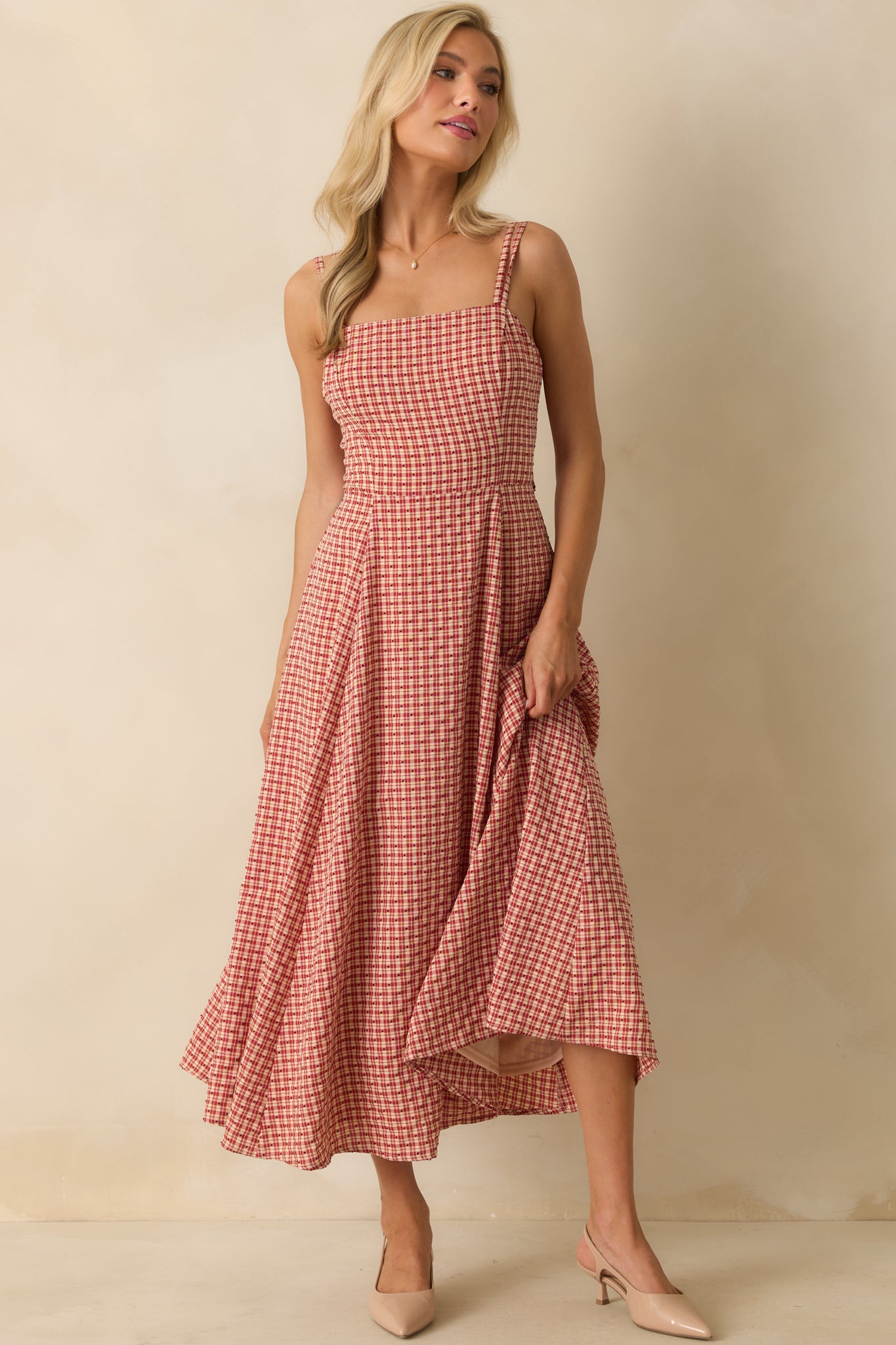 red and white summer dress Women's So Much To Say Red Gingham Polka Dot Sleeveless Maxi Dress | Size: M