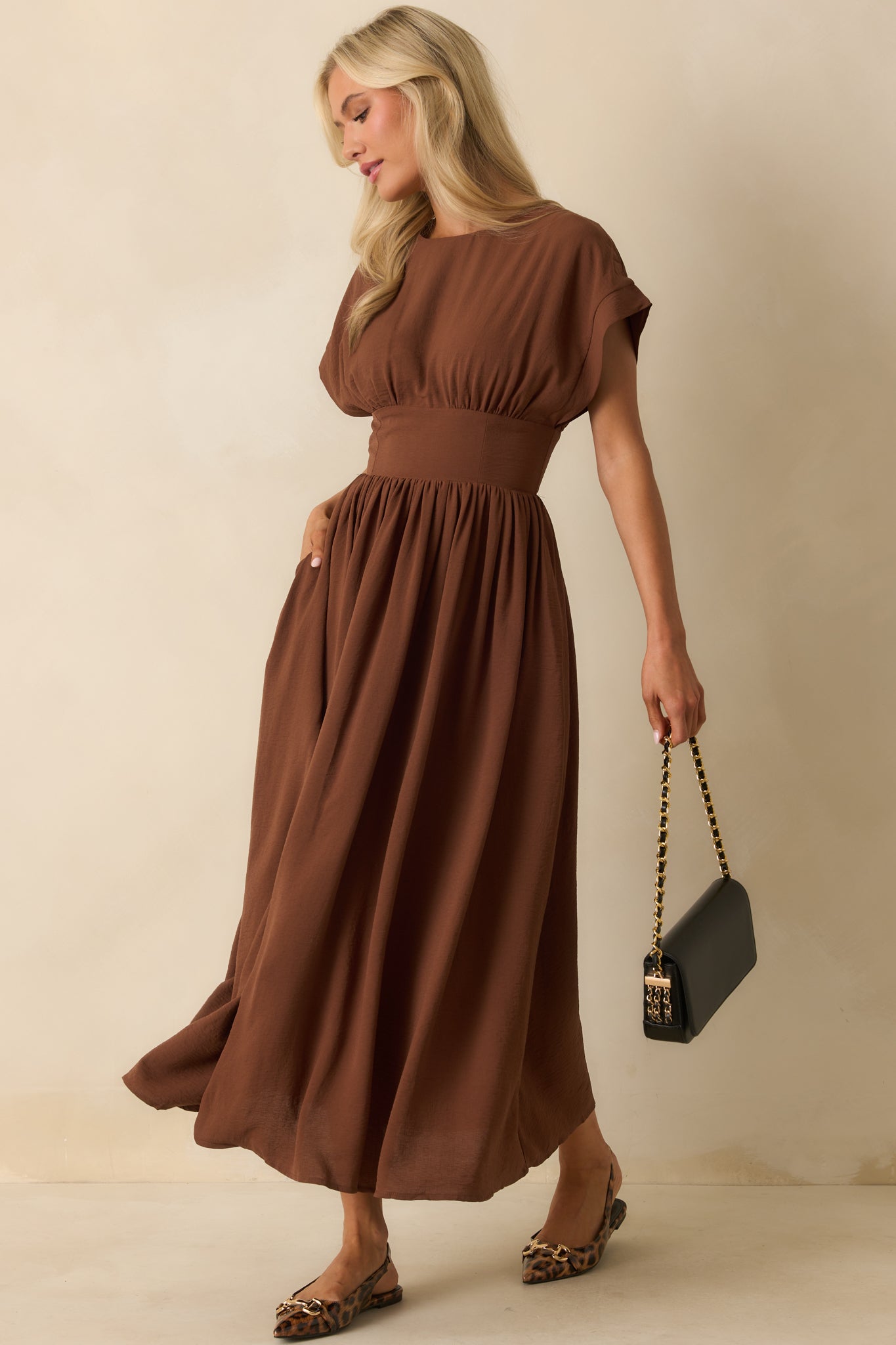 Women's As Promised Brown Short Sleeve Cinched Waist Maxi Dress | Size: S