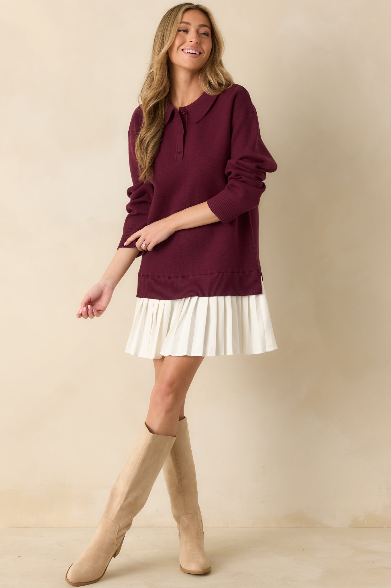 Full-length shot highlighting the long sleeves, ribbed cuffs, and comfortable fit.