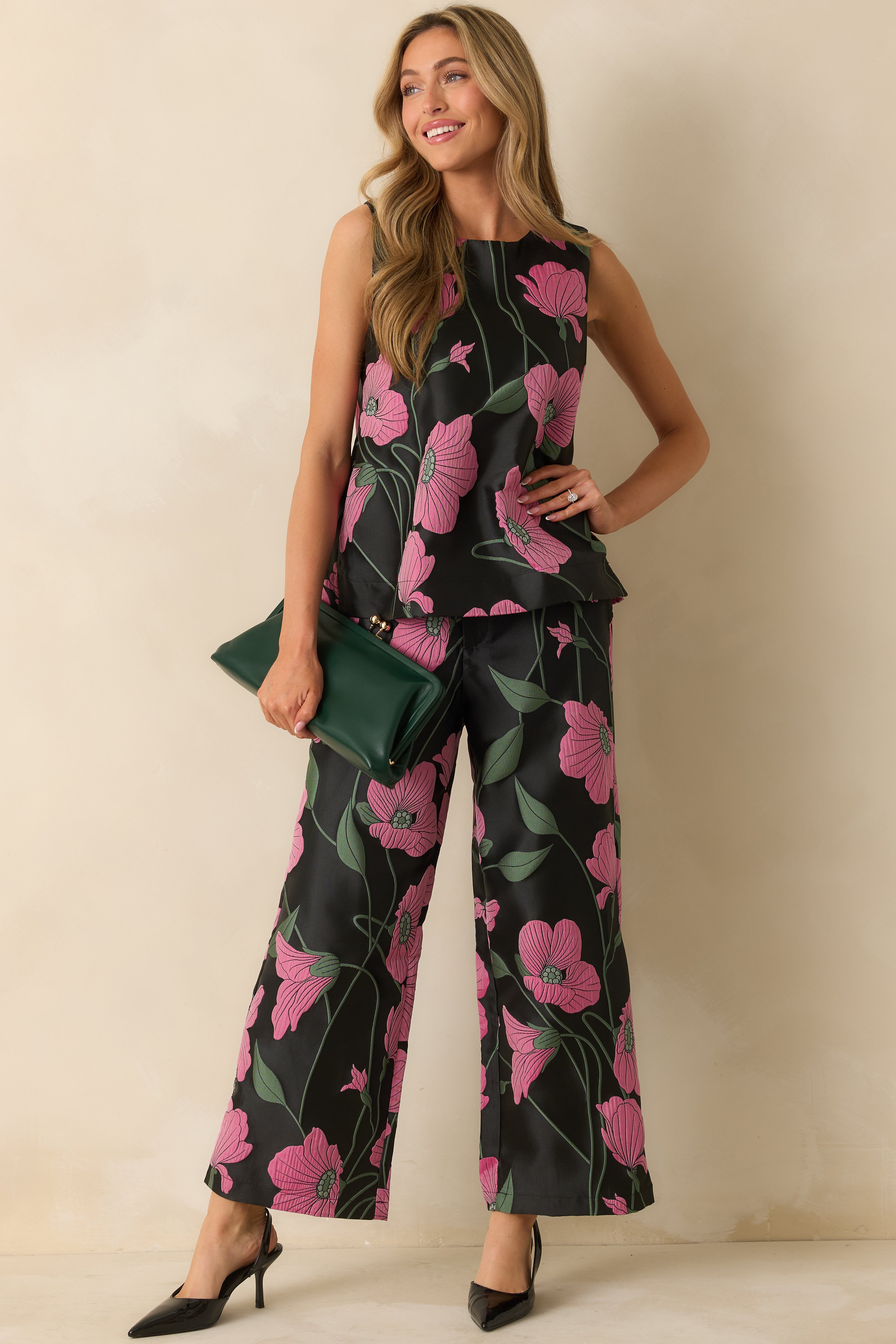 Black Multi Floral Jacquard Wide Leg Pants - Women's Bottoms | Red