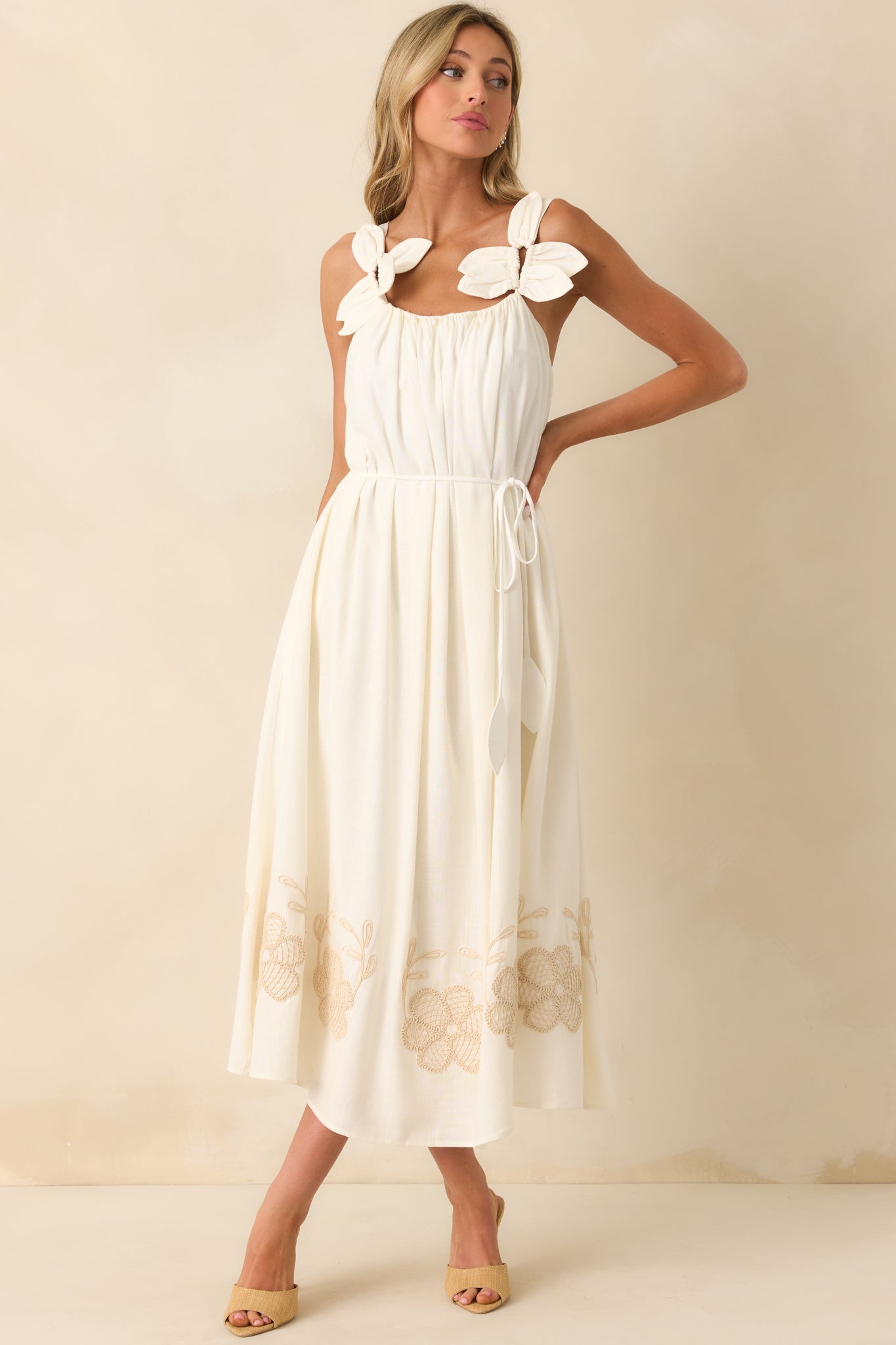 Ivory Linen Blend Embroidered Dress - Maxi Dresses