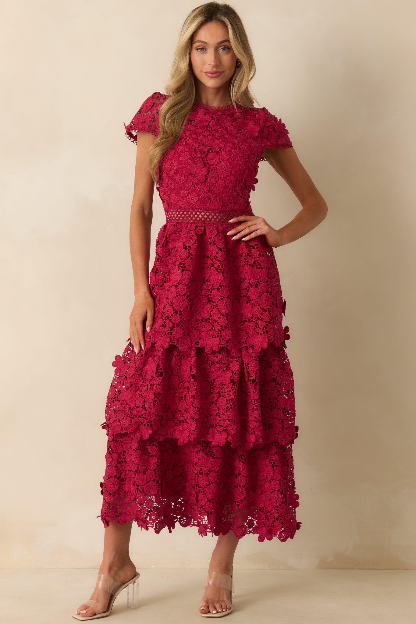strapless open back dress Red Floral Guipure Lace Tiered Maxi Dress - All Dresses