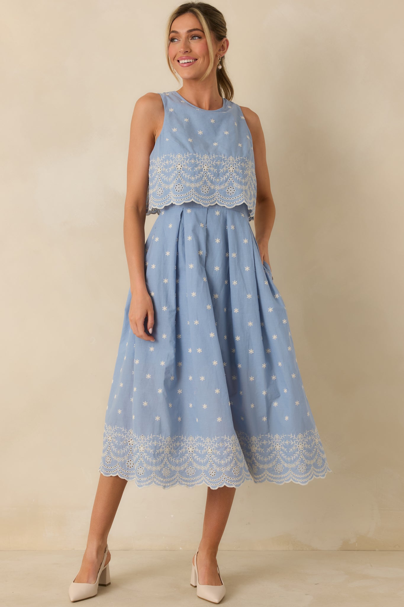 Right Here Waiting Light Blue Cotton Scallop Lace Embroidered Midi Dress Right Here Waiting Light Blue Cotton Scallop Lace Embroidered Midi Dress