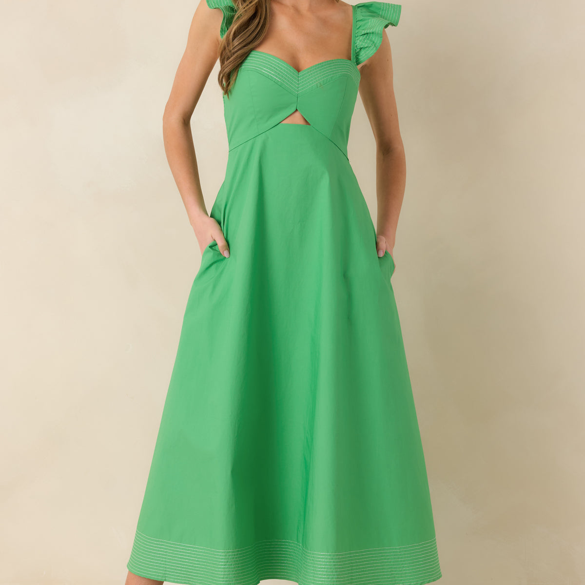 Green Cotton Cut Out Detail Flutter Sleeve Midi Dress - All Dresses