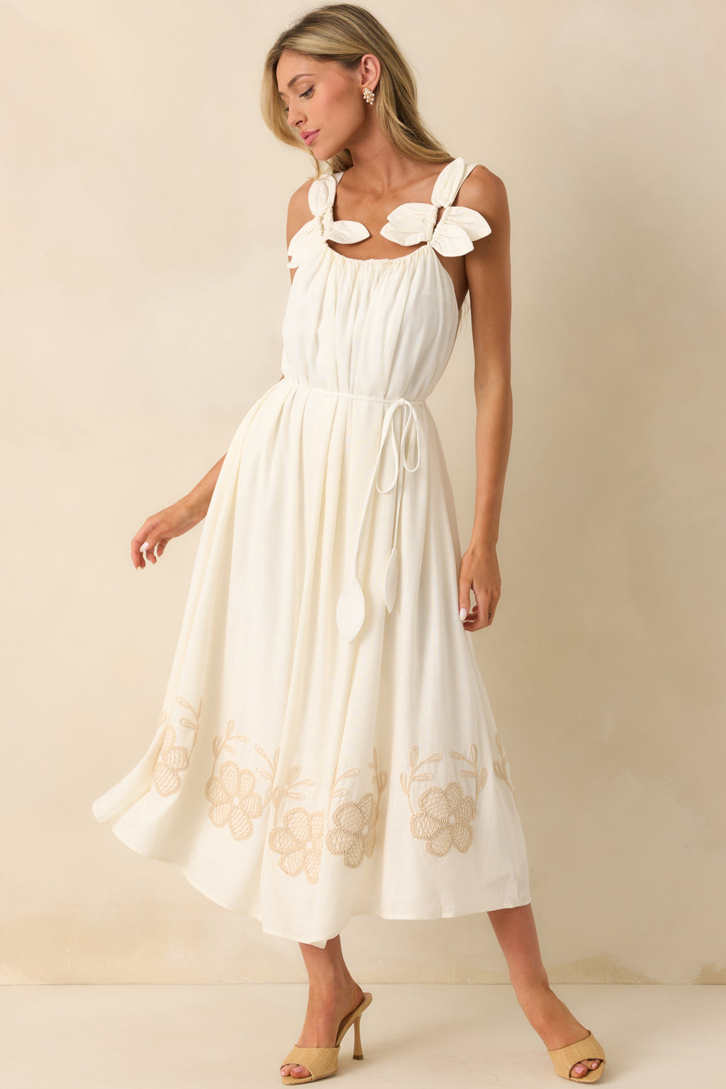 Ivory Linen Blend Embroidered Dress - Maxi Dresses