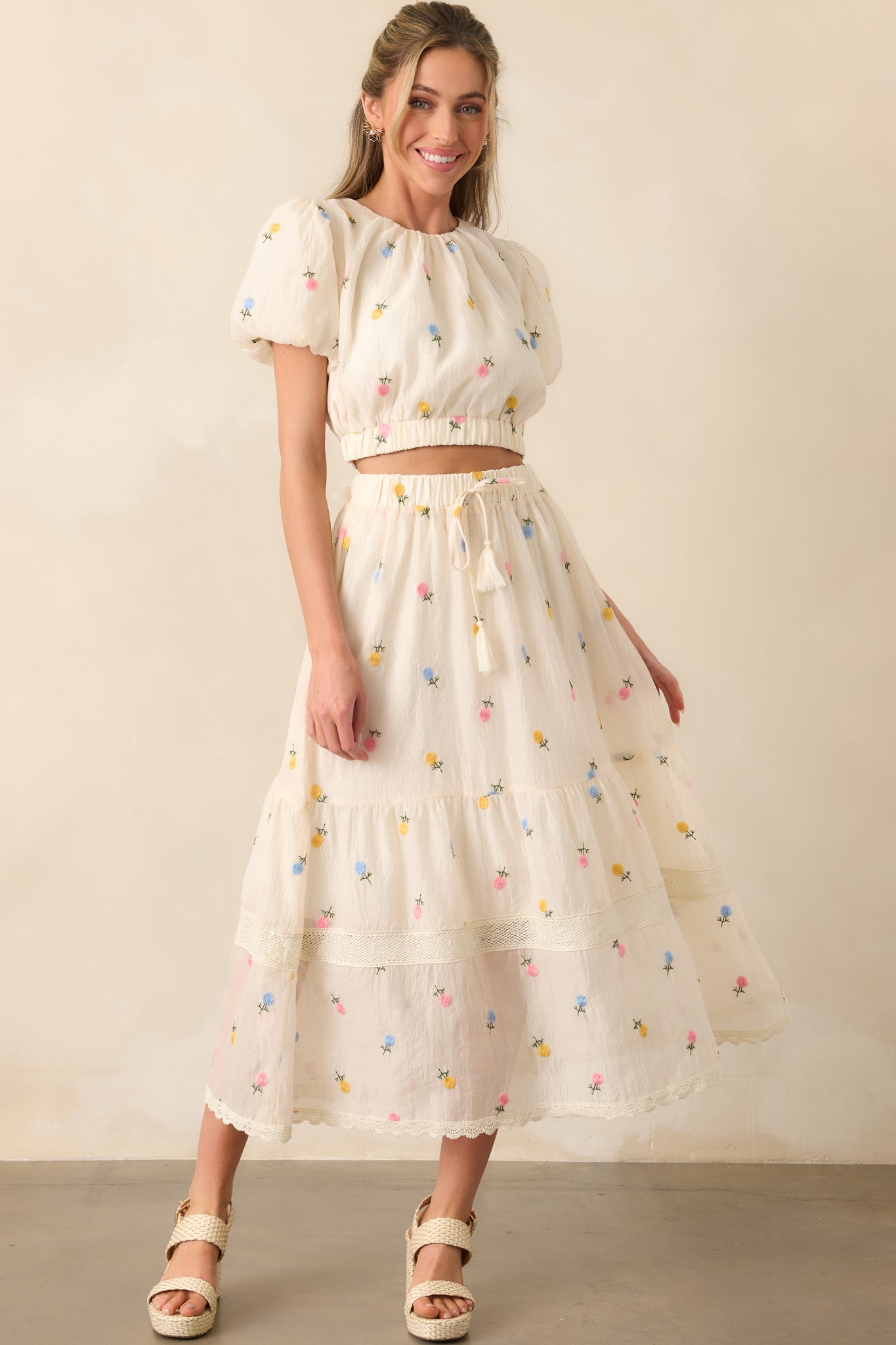 Ivory Floral Embroidered Puff Sleeve Top - Two Piece Sets | Red Dress
