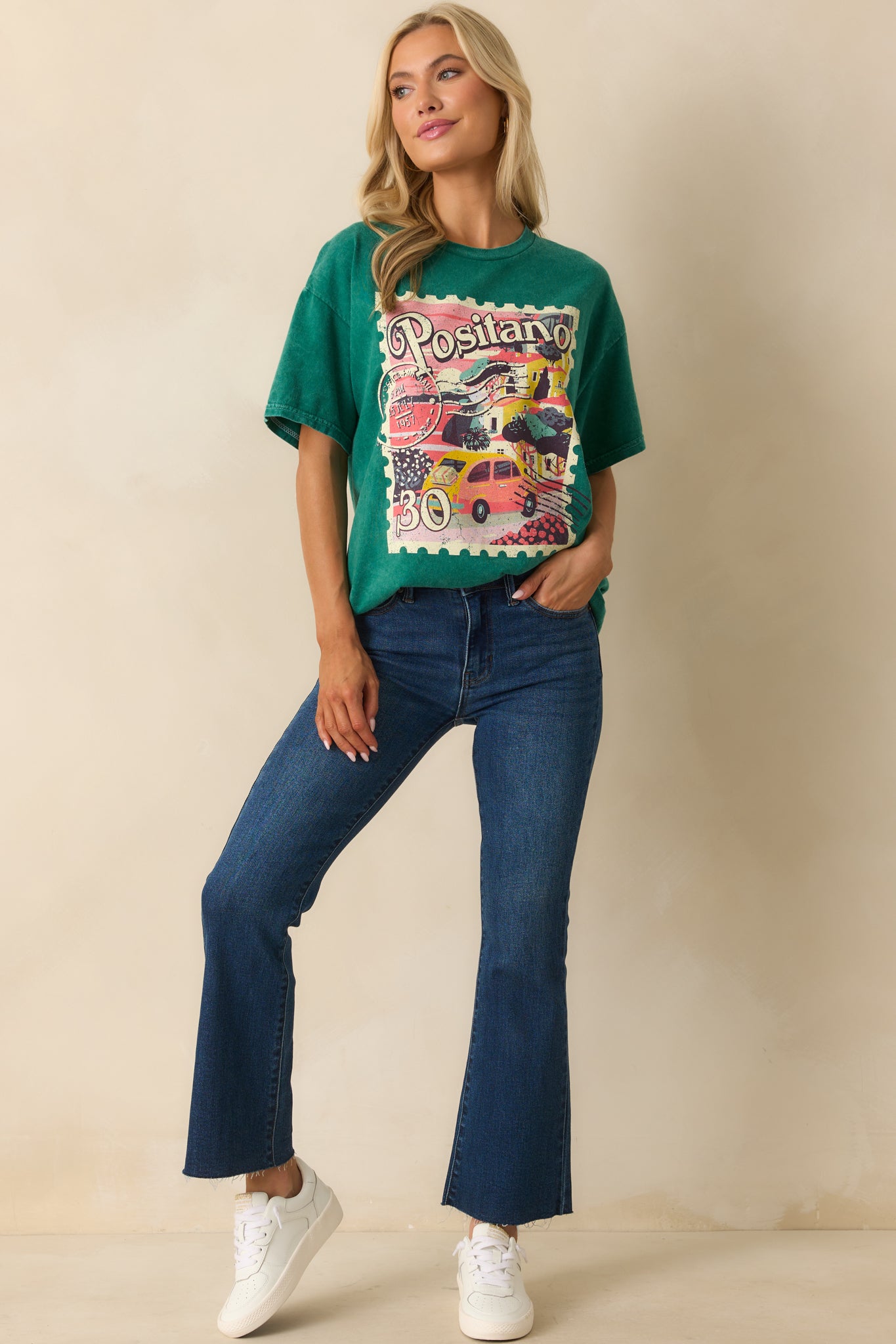 A front angled full body view of the relaxed-fit tee showing the short sleeves and crew neckline.