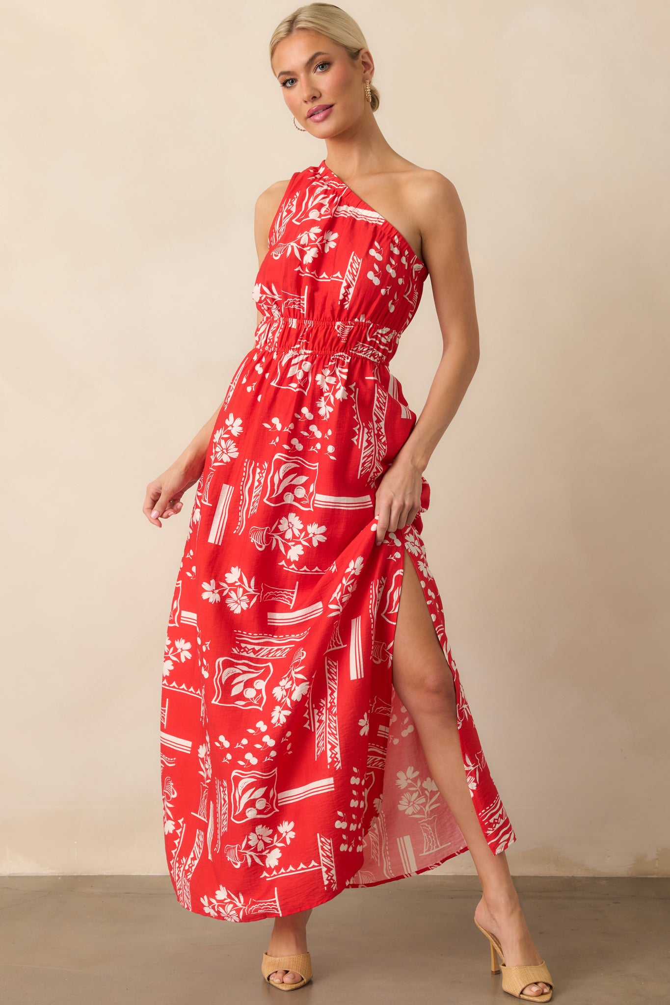 Full-length angle emphasizing the side slit and drape of the lightweight fabric.