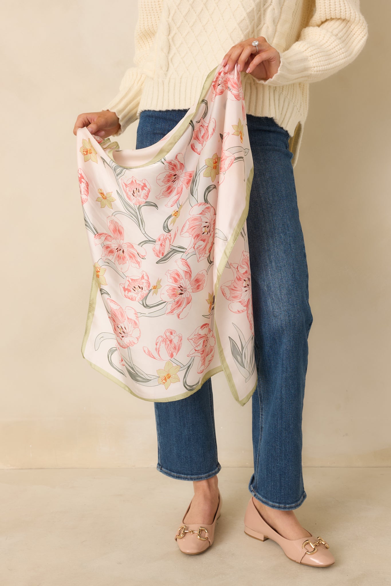 Alternate full view of the square scarf showcasing muted sage and olive leaves with an ivory base and soft green border.