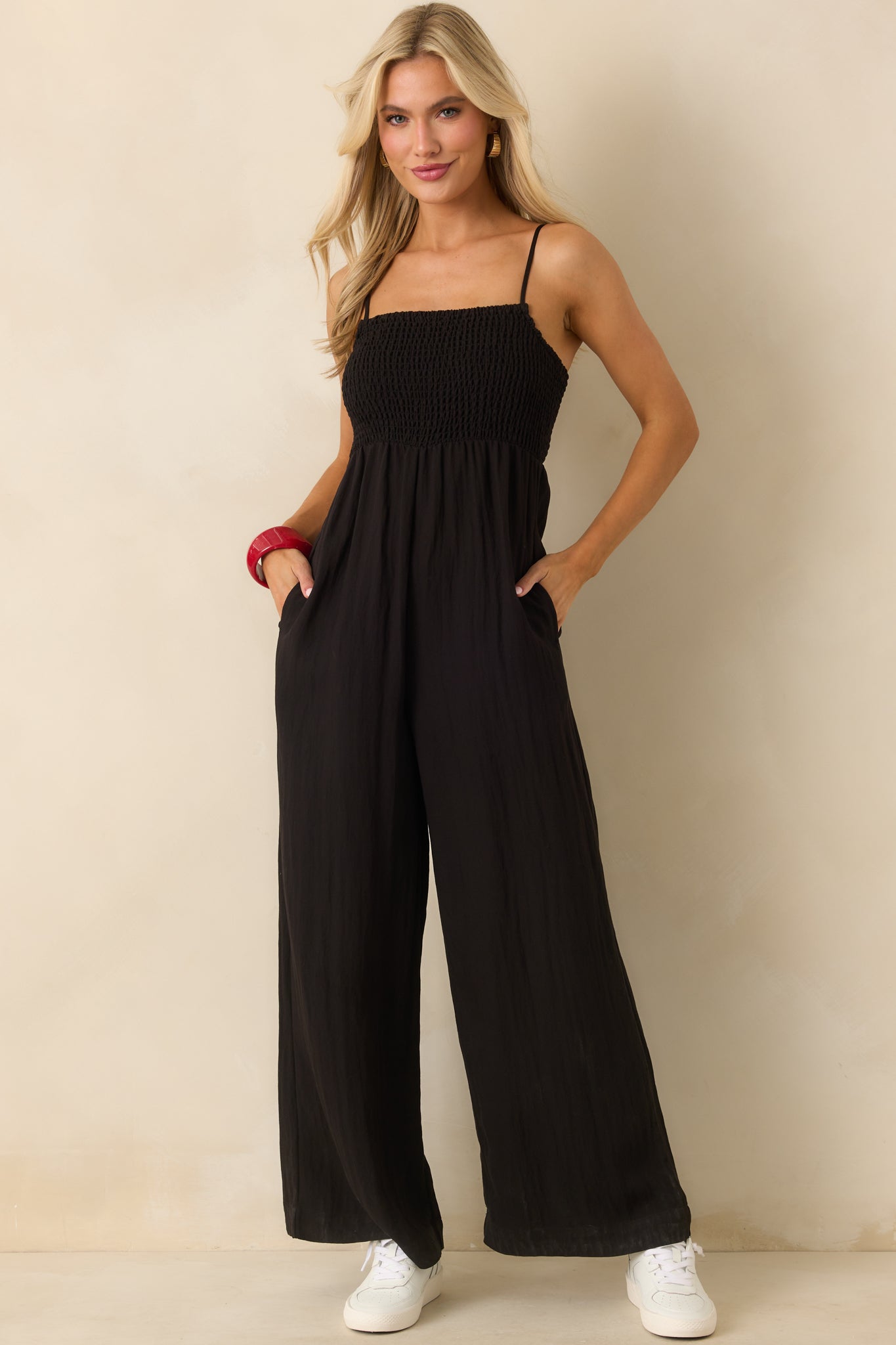 Z Supply Beachside Smocked Jumpsuit In Black Rayon | Red Dress