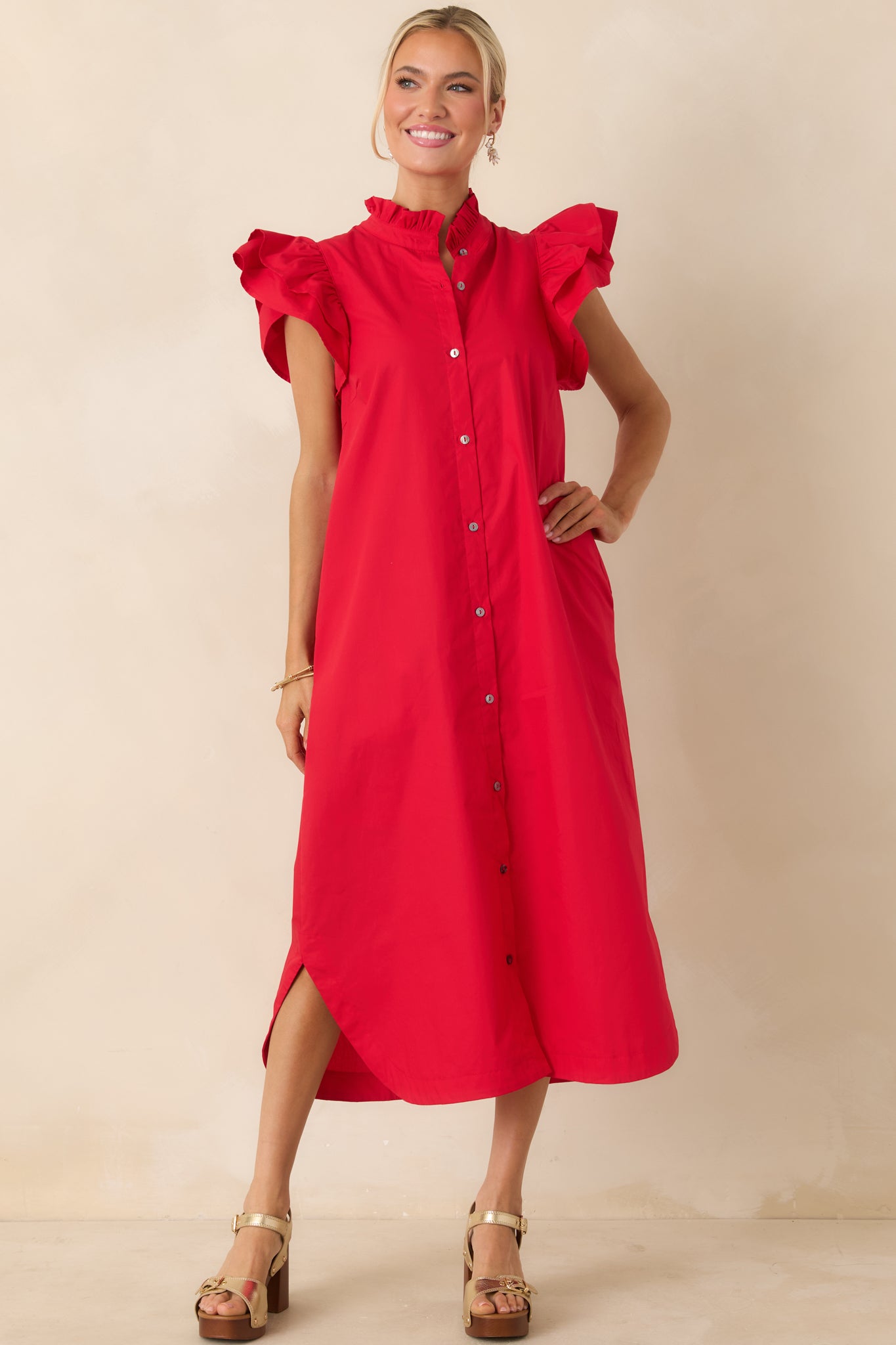 Red Dress | Red Cotton Ruffle Button Front Midi Dress