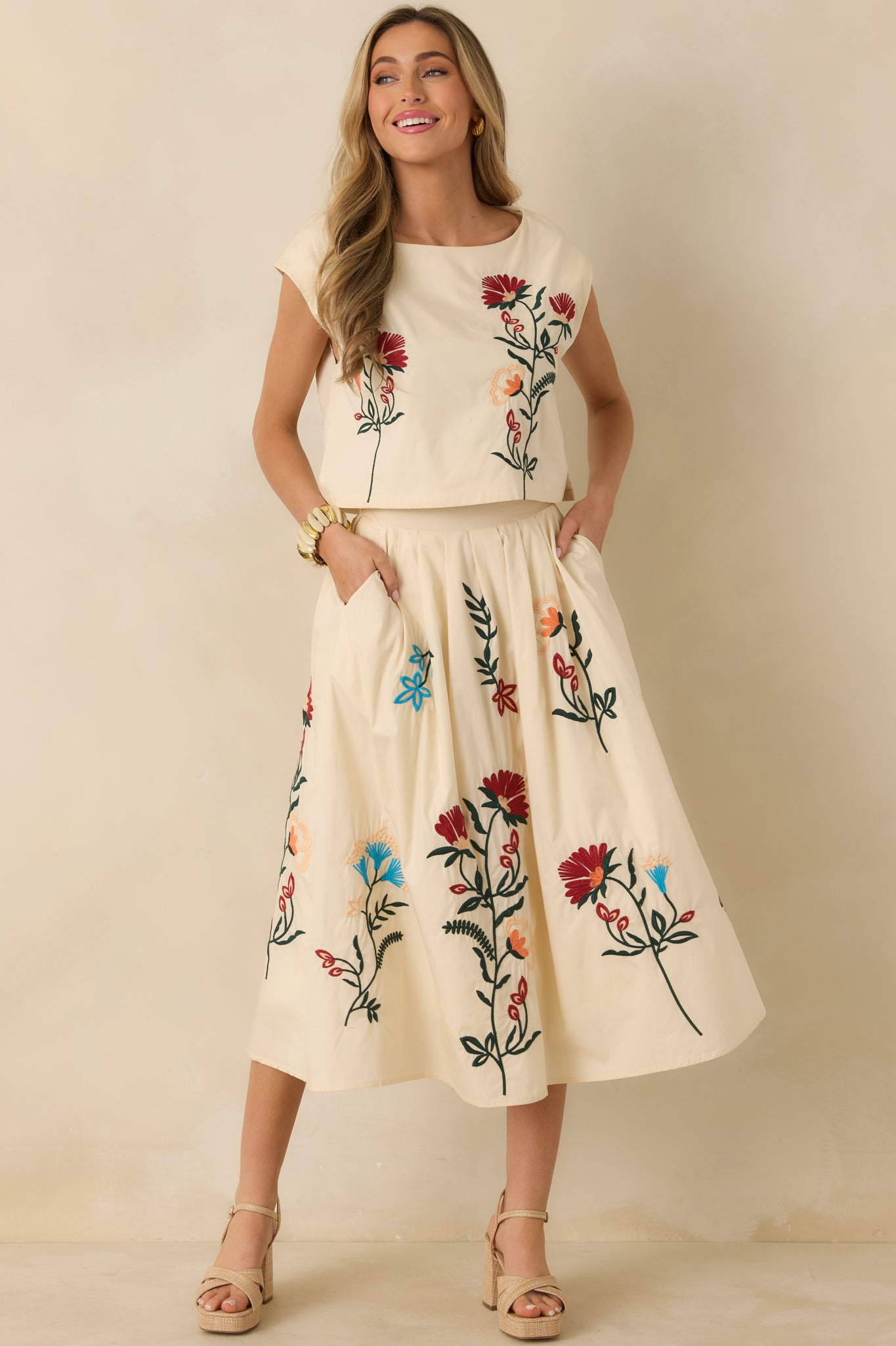 Natural Multi Floral Embroidered Midi Skirt - All Bottoms | Red Dress