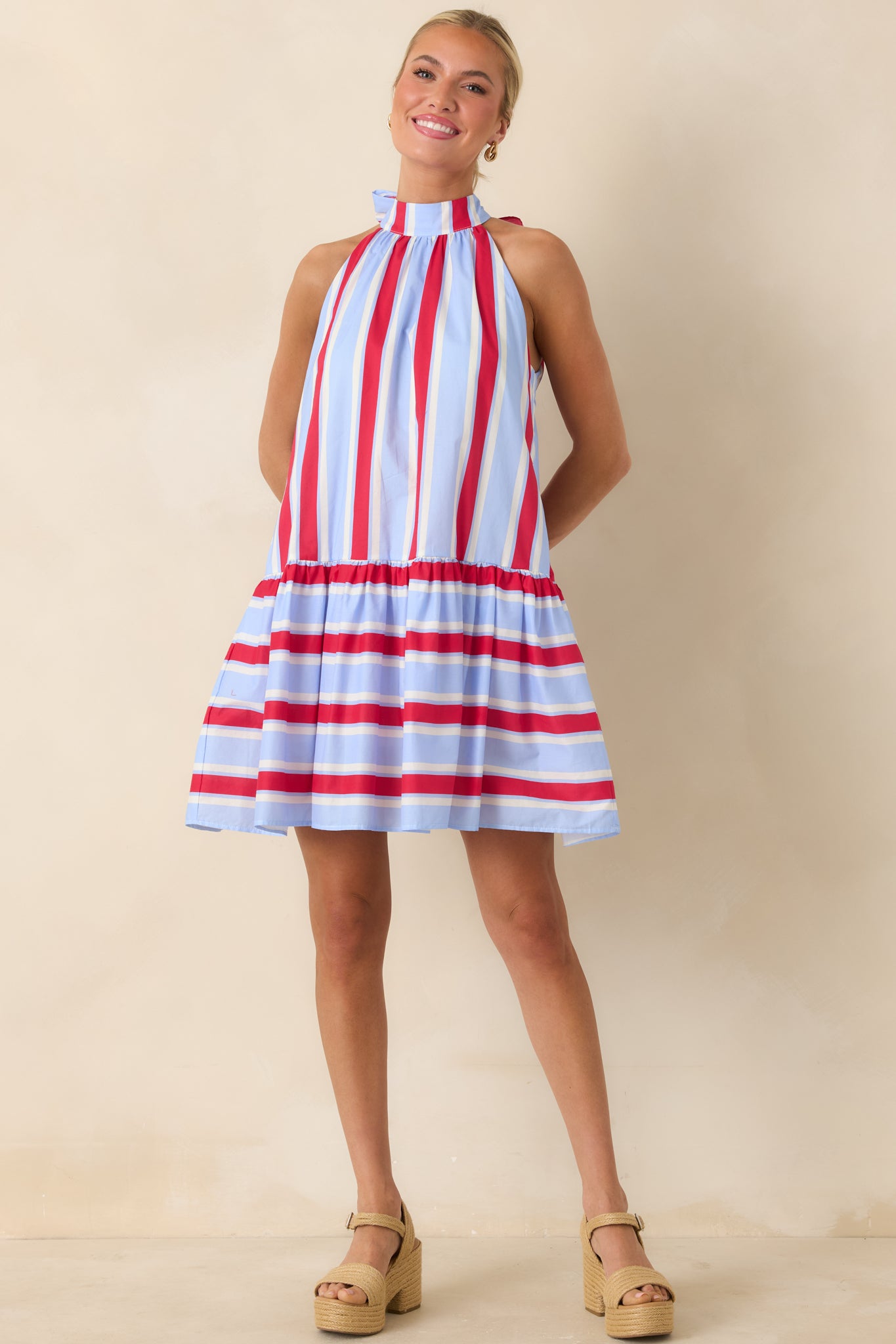 Made for Fireworks Red & Light Blue Stripe Cotton Halter Tiered Midi Dress
