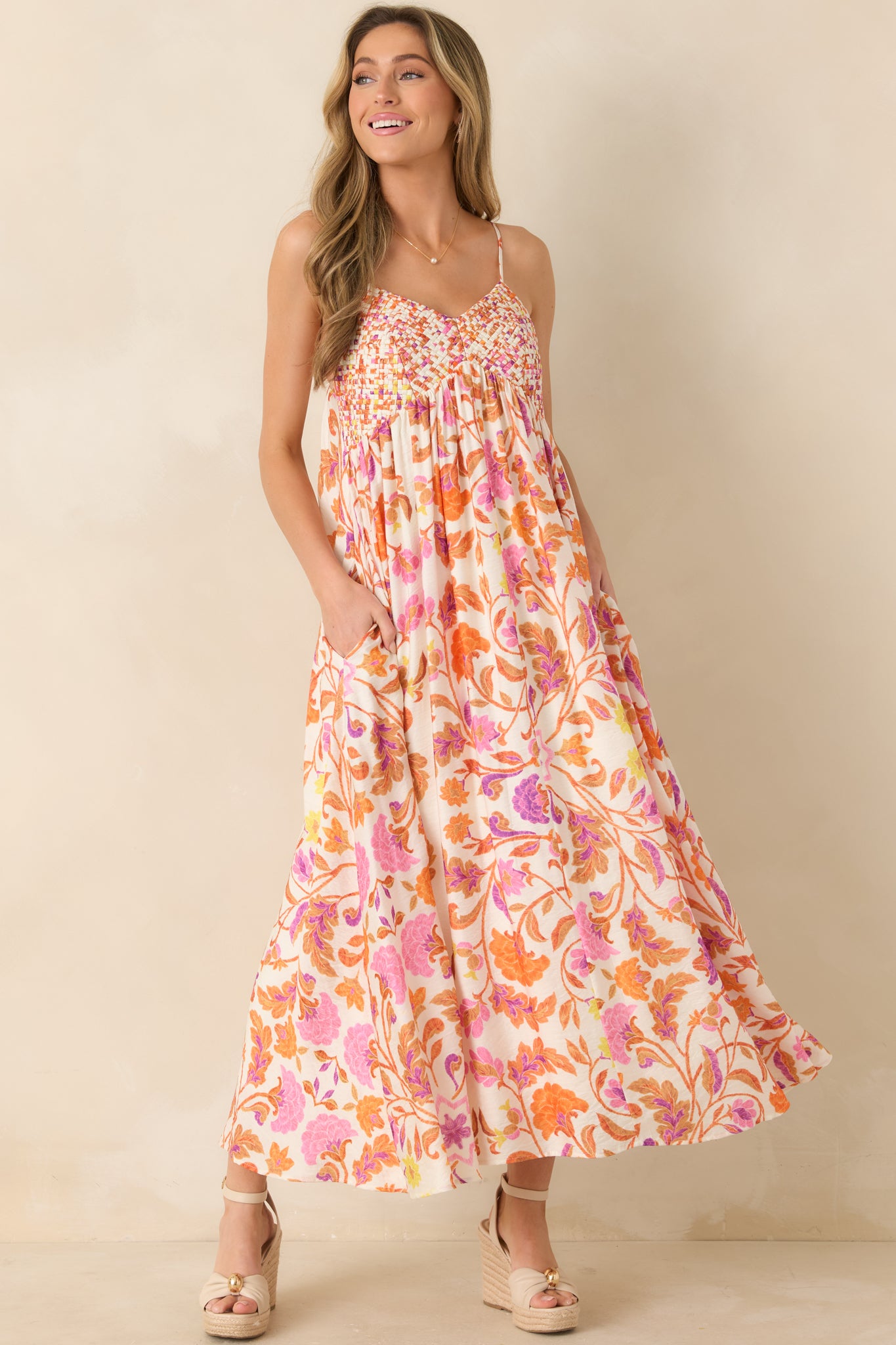 maxi gathered dress Women's Here for the Sun Pink & Orange Floral Woven Maxi Dress | Size: L