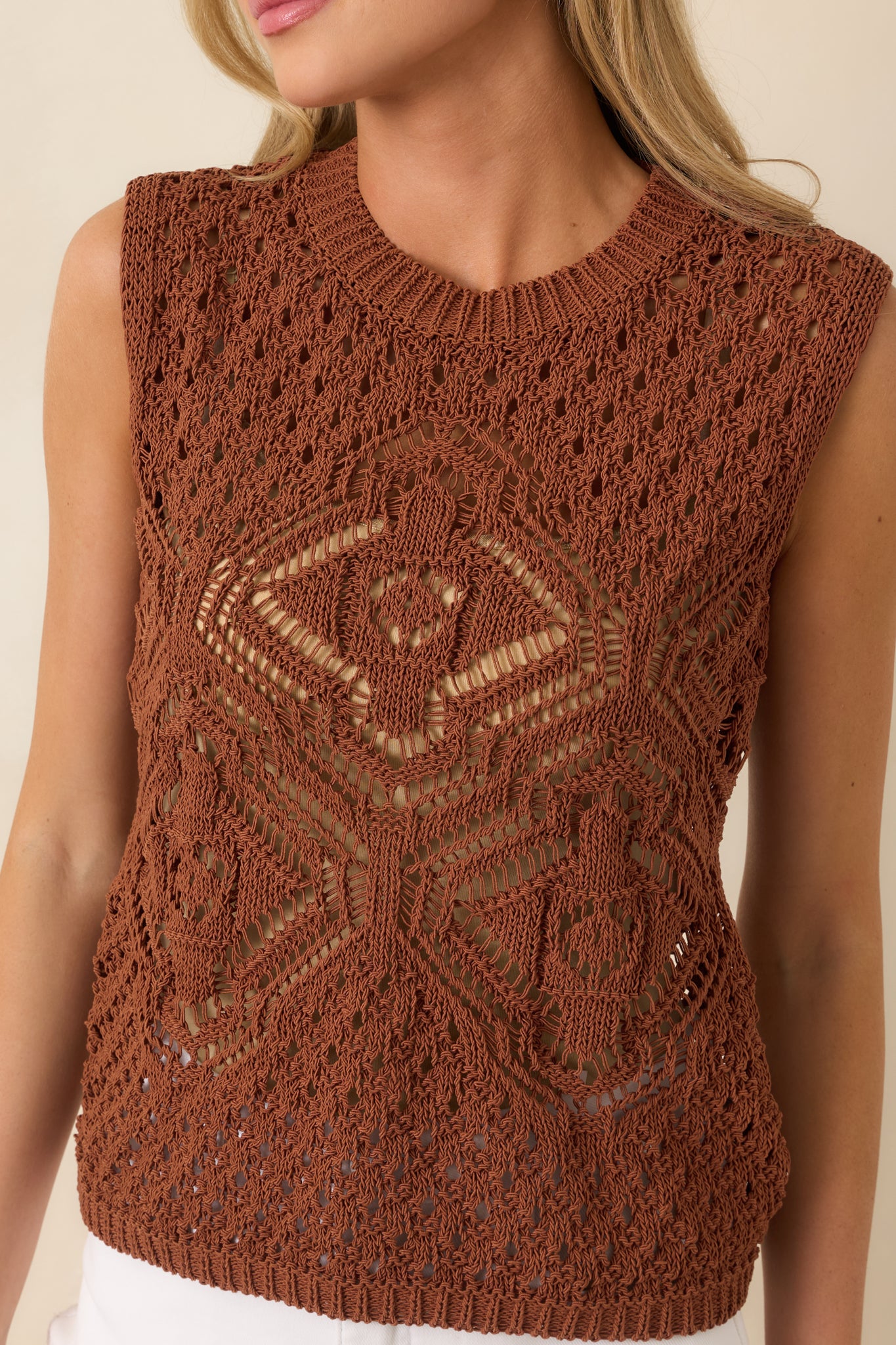Close-up highlighting the geometric crochet-inspired knit pattern, soft cotton blend fabric, and crew neckline.
