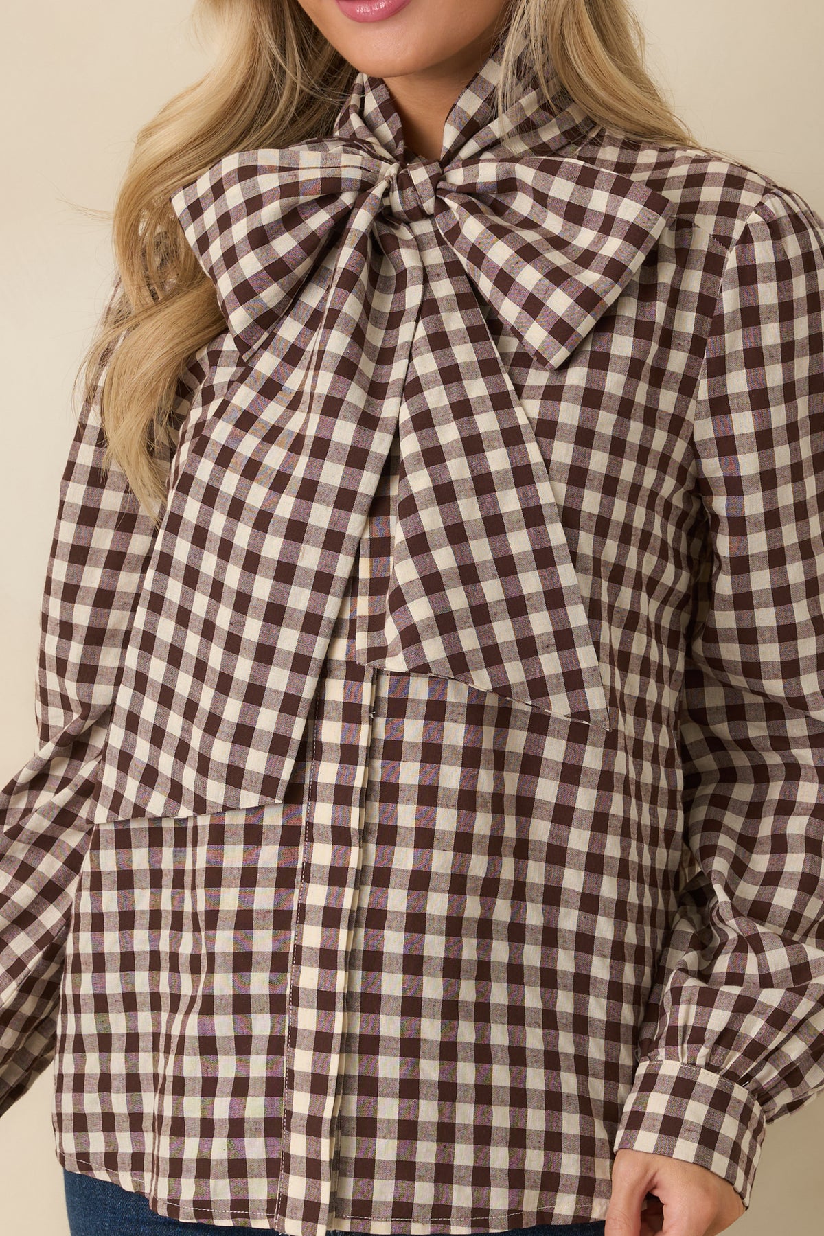 Gingham long sleeve blouse featuring a statement neck bow, concealed button placket, and softly gathered sleeves.