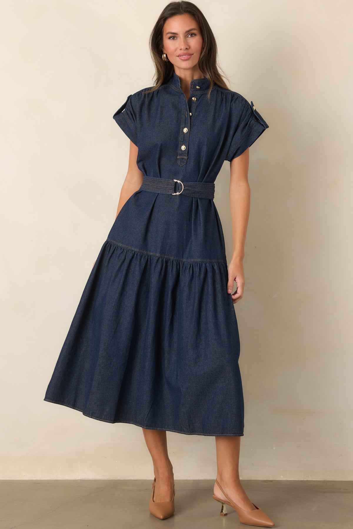 Gold-tone button dress with a double D-ring waist belt and gathered skirt.