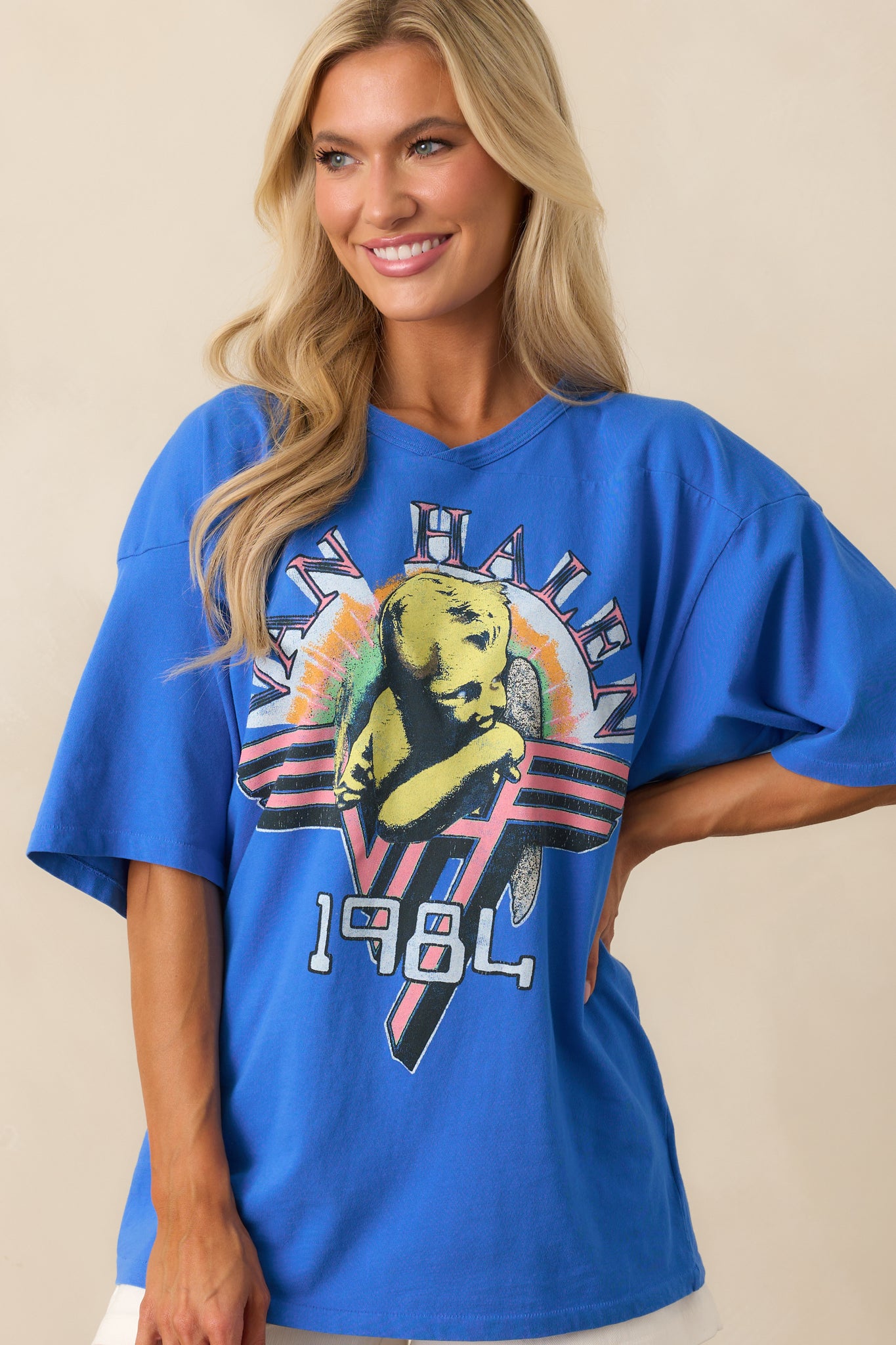 Zoomed-in section of the graphic tee displaying shoulder seam and sleeve construction.