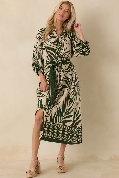 Green Tropical Print Linen Blend Dress - Maxi Dresses