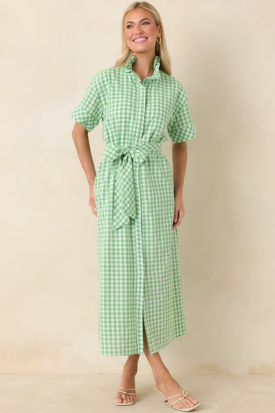 Red Dress | Green Gingham Belted Maxi Dress