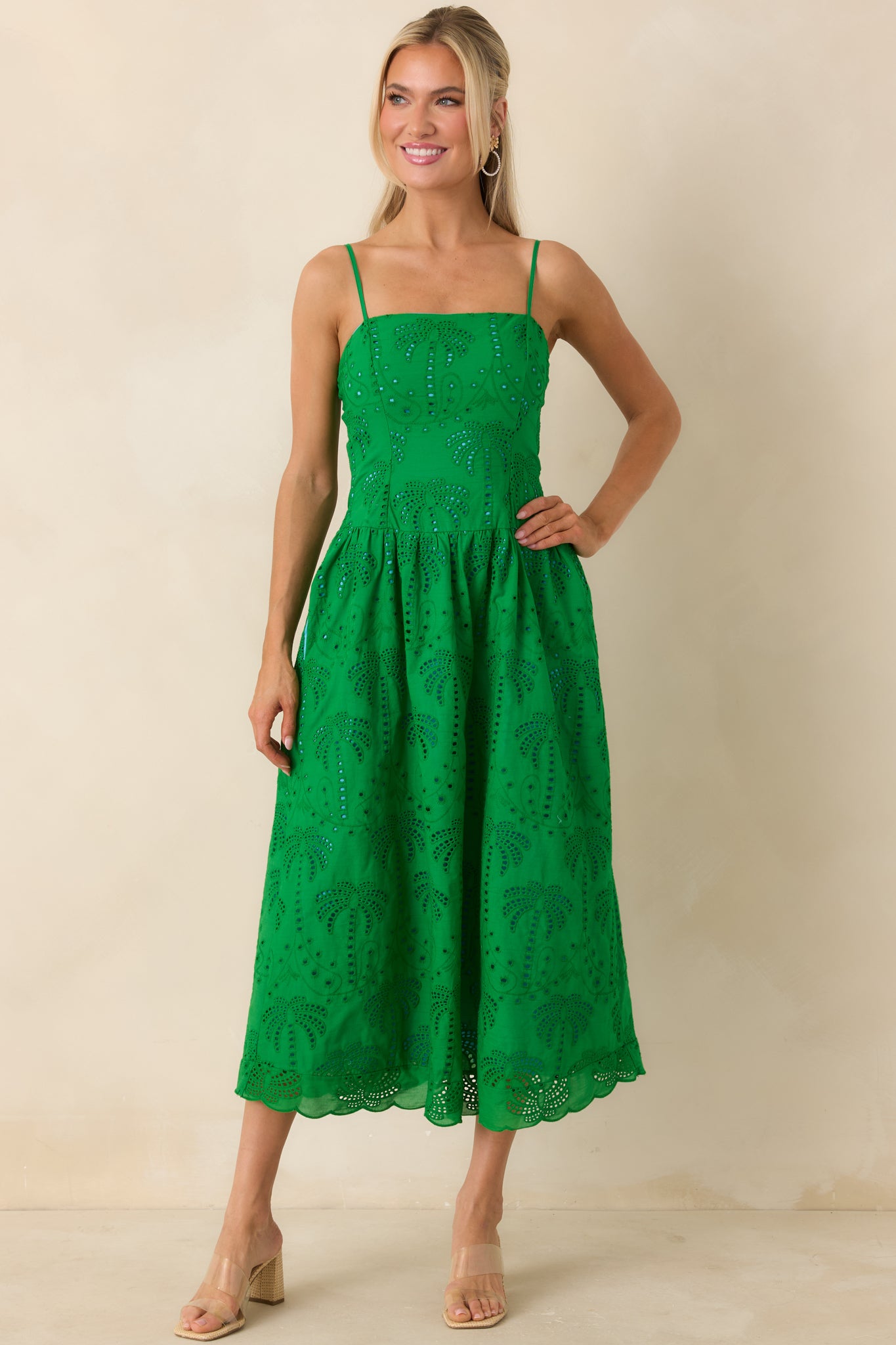 Women's This Is It Green Cotton Eyelet Sleeveless Midi Dress | Size: M | Red Dress Women's This Is It Green Cotton Eyelet Sleeveless Midi Dress | Size: M | Red Dress