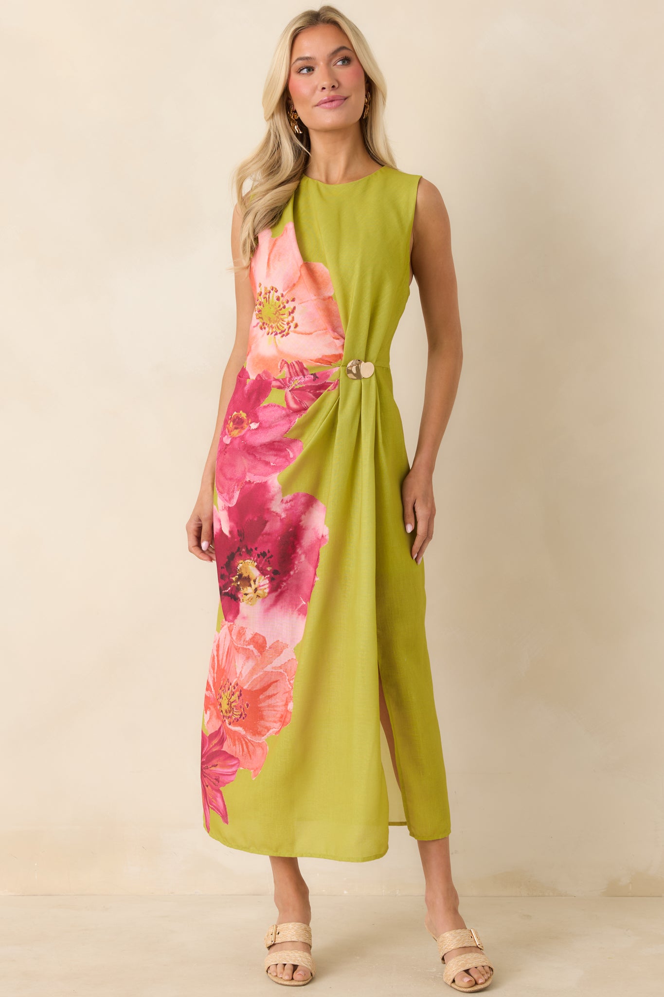 Women's Do a Double Take Chartreuse Multi Floral Print Midi Dress | Size: S