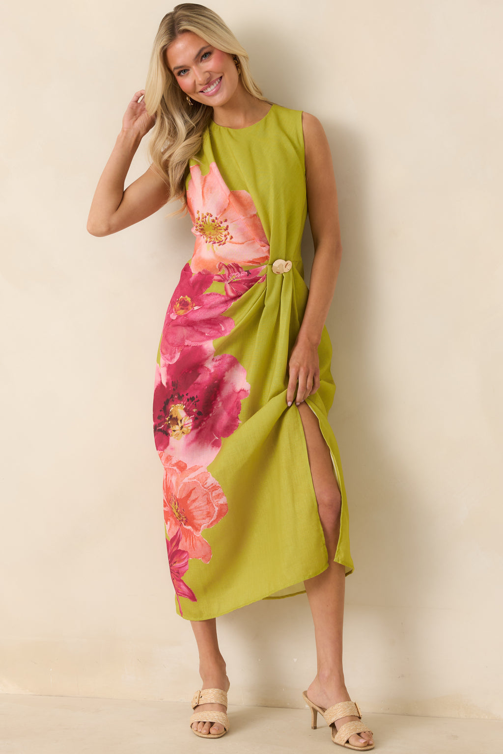 Red Dress | Chartreuse Multi Floral Print Midi Dress