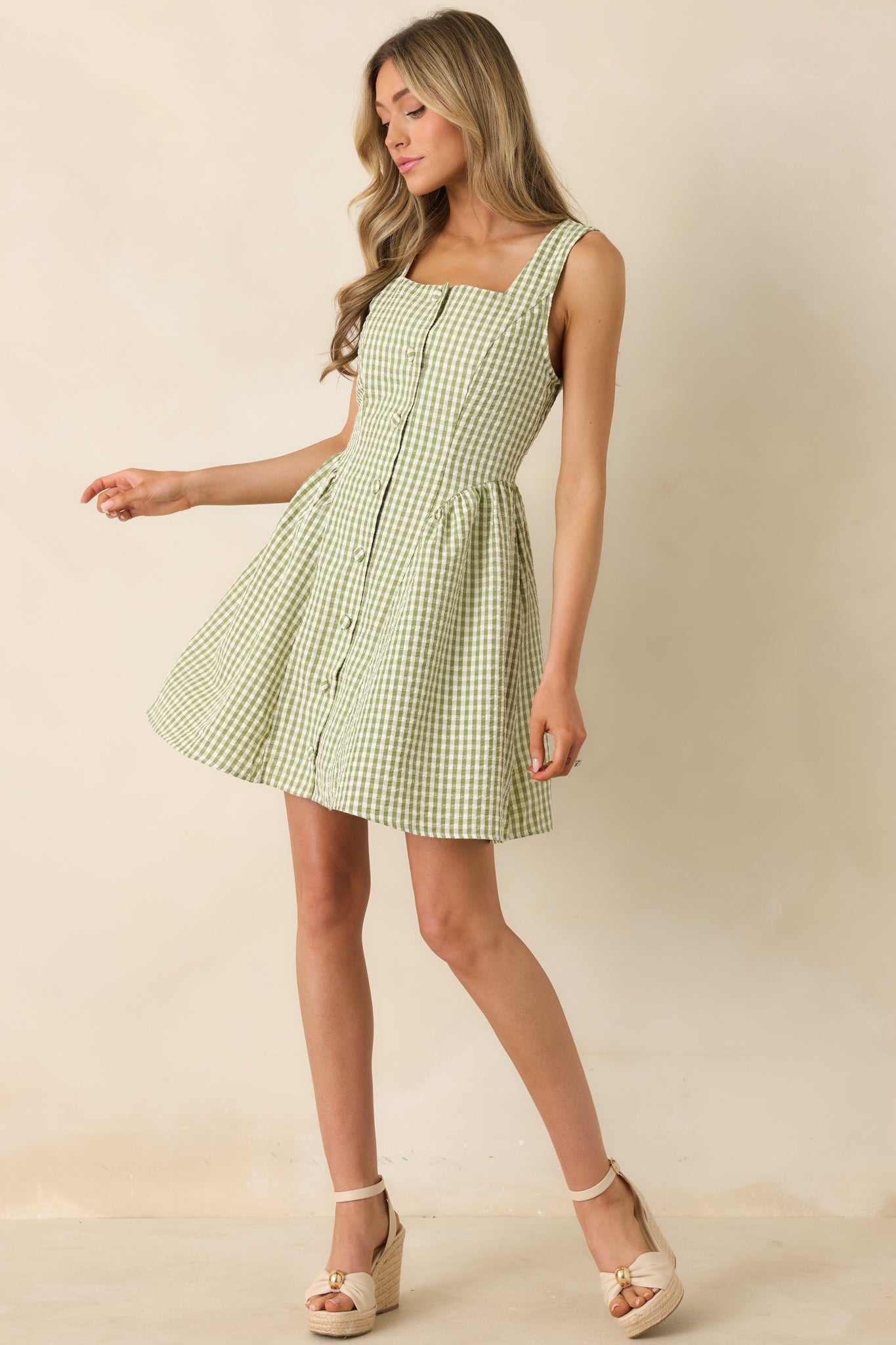 gingham print mini dress Red Dress | Matcha Green Gingham Sleeveless Mini Dress