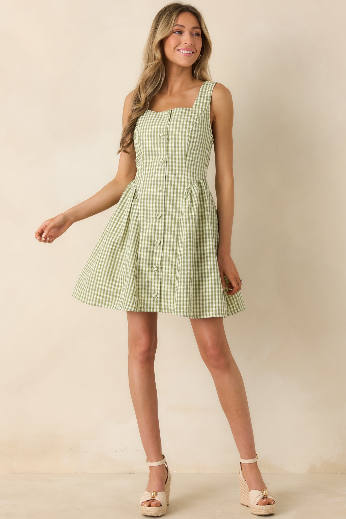 Red Dress | Matcha Green Gingham Sleeveless Mini Dress