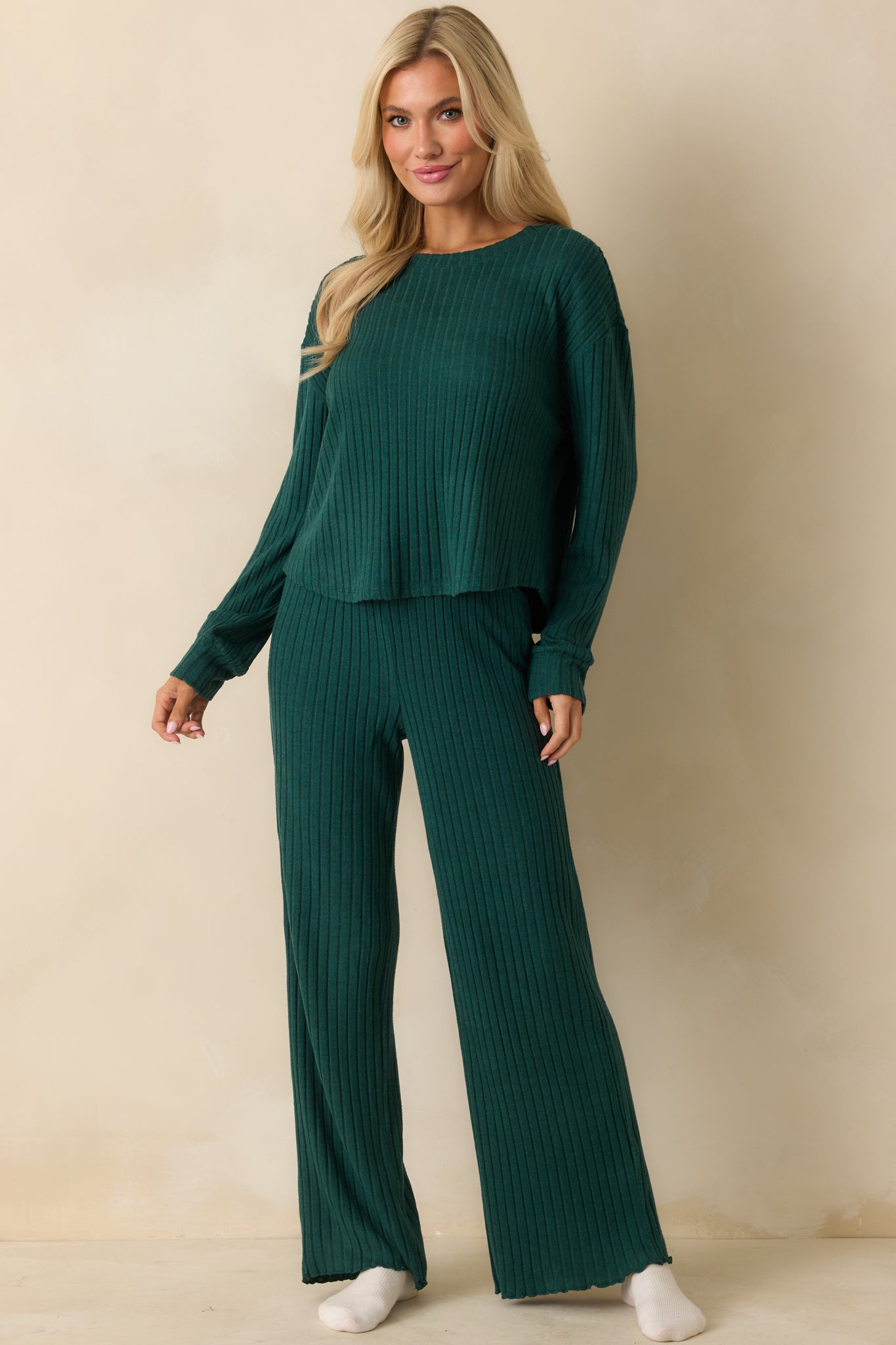 Z Supply Mistletoe Green Elfie Silky Ribbed Long Sleeve Top | Red