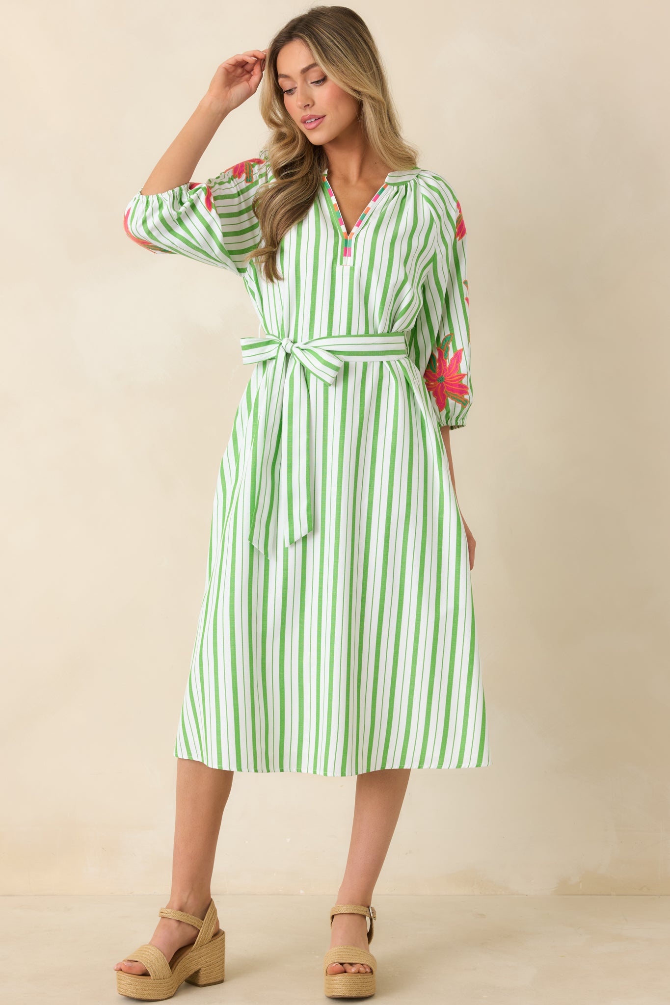 Red Dress | Green Stripe Floral Midi Dress