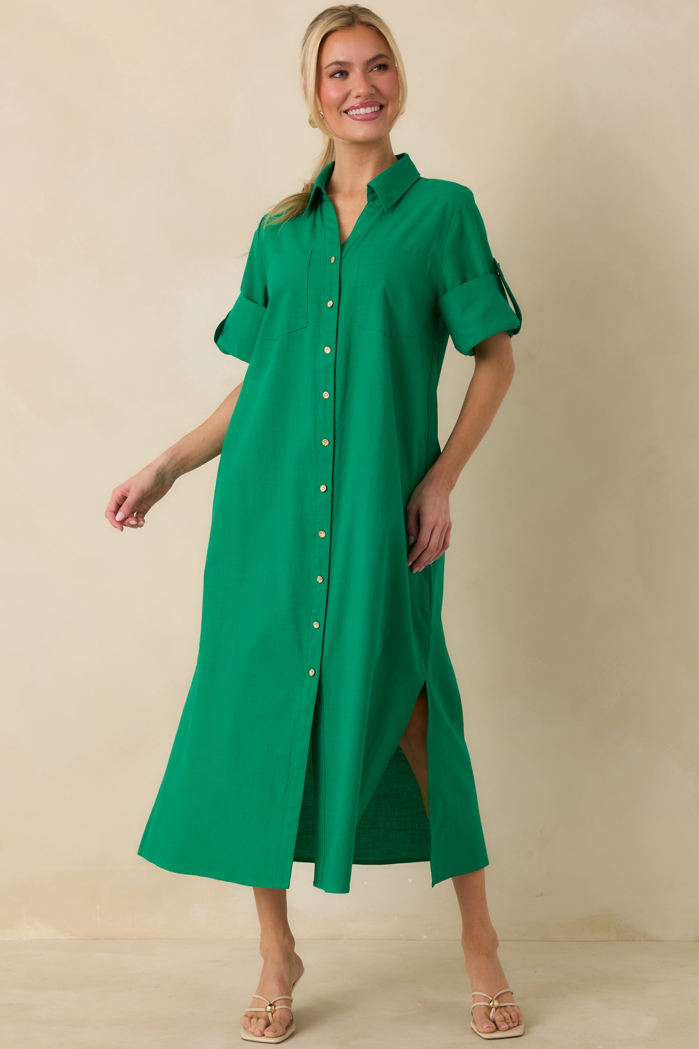 Women's Show Me the Way Kelly Green Cotton Button Front Midi Shirt Dress | Size: L