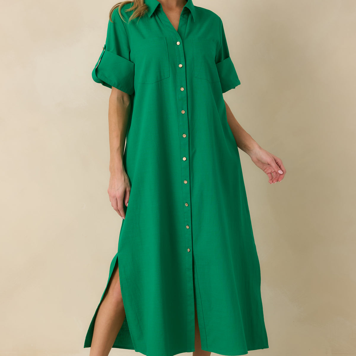 Women's Show Me the Way Kelly Green Cotton Button Front Midi Shirt Dress | Size: S