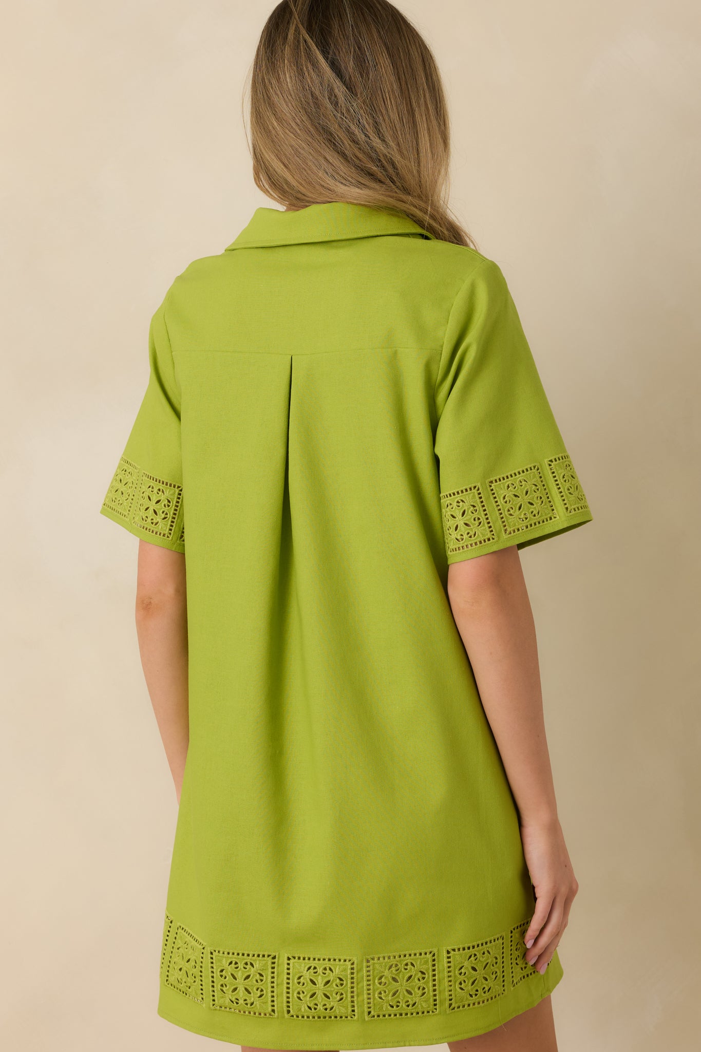 Avocado Green Cotton Blend Cut Out Detail Mini Shirt Dress - All Dresses