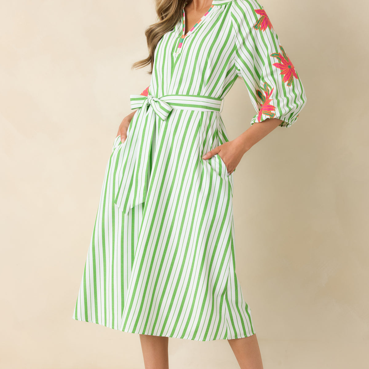 green and white midi dress with sleeves Having a Bright Outlook Stripe Floral 10.24_EssentialsSale